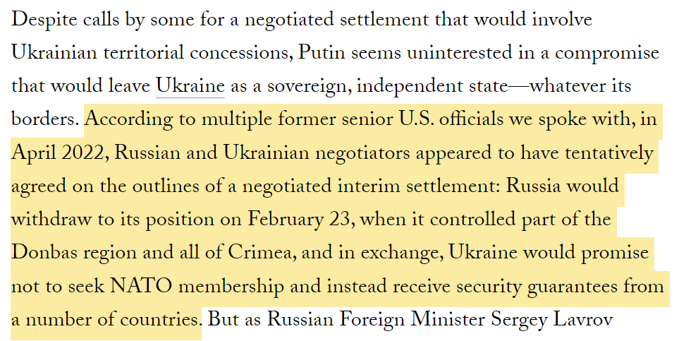 BMarchetich's tweet photo. Was alerted to this new Foreign Affairs piece by @alexjordanATL, where Fiona Hill accidentally lets slip a key fact: Russia &amp; Ukraine agreed to a tentative settlement in April that would've halted the war, Course, Hill doesn't mention UK PM flew to Kiev instantly to scuttle it. https://t.co/Qn91WSLu1c