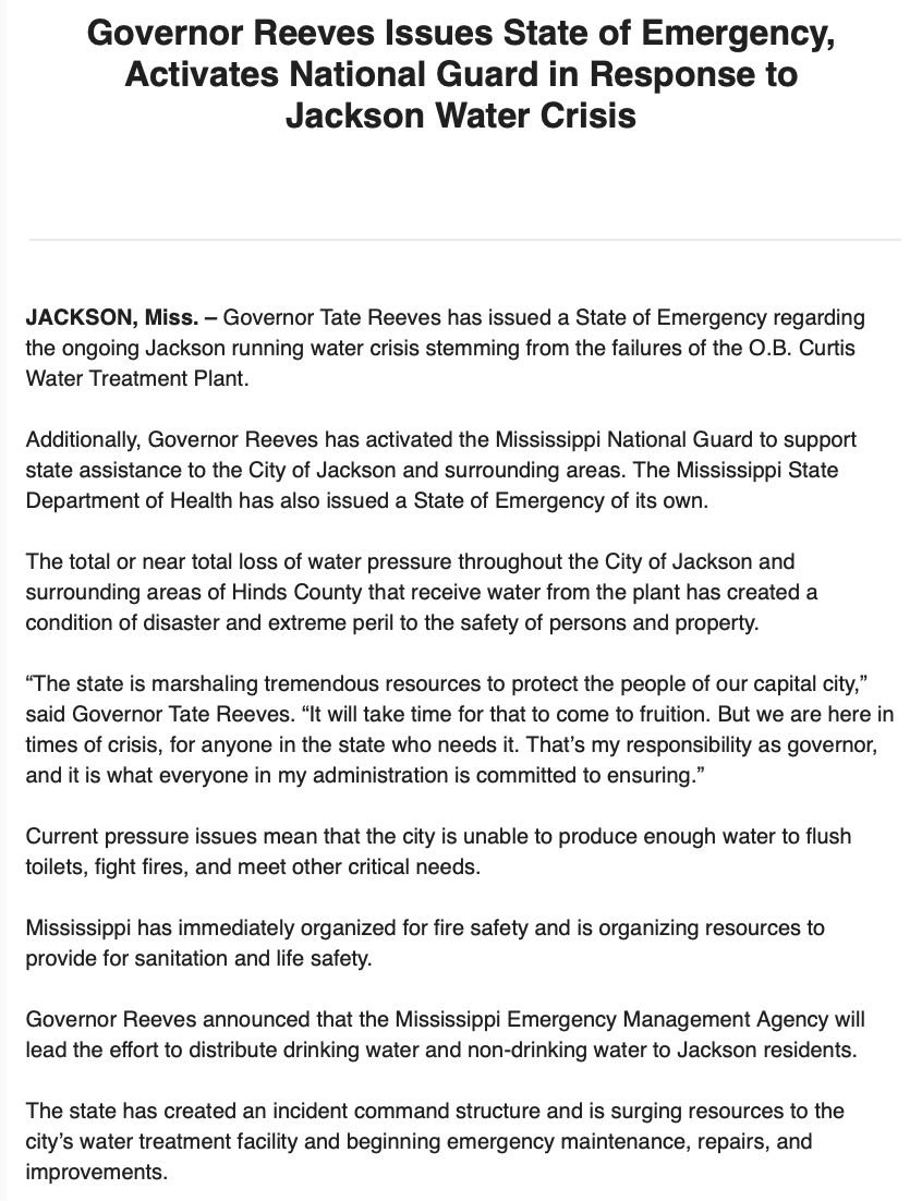 ABC's tweet photo. JUST IN: Mississippi governor issues state of emergency, activates National Guard in response to "ongoing Jackson running water crisis." https://t.co/Zq8fRS60gV https://t.co/meWPx7Ud7K