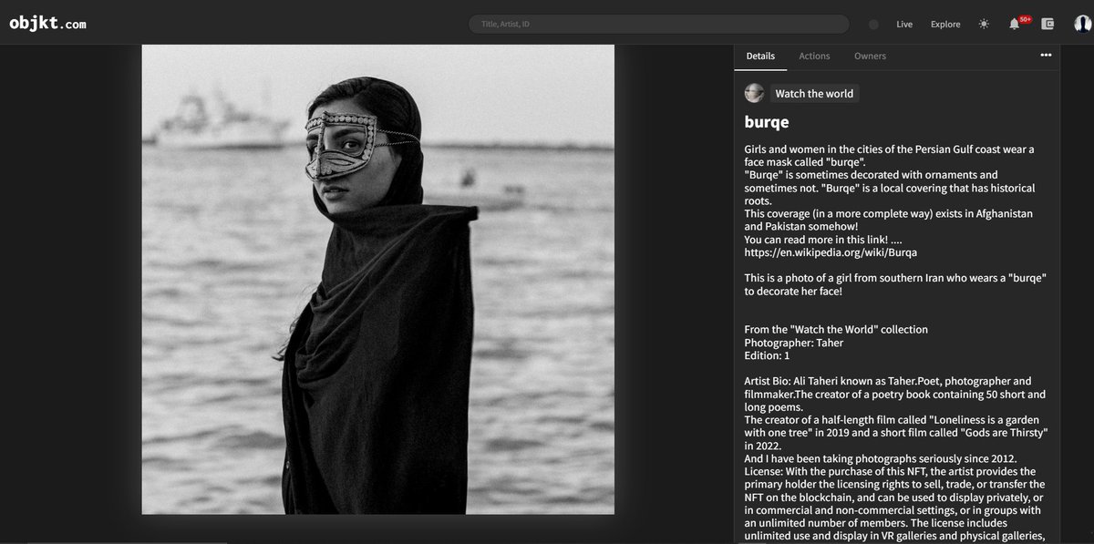 Girls and women in the cities of the Persian Gulf coast wear a face mask called "burqe".
This is a photo of a girl from southern Iran who wears a "burqe" to decorate her face!
From the "Watch the World" collection
Photographer: Taher
Edition: 1
🌴 minted 
objkt.com/asset/KT1KmRJ4…