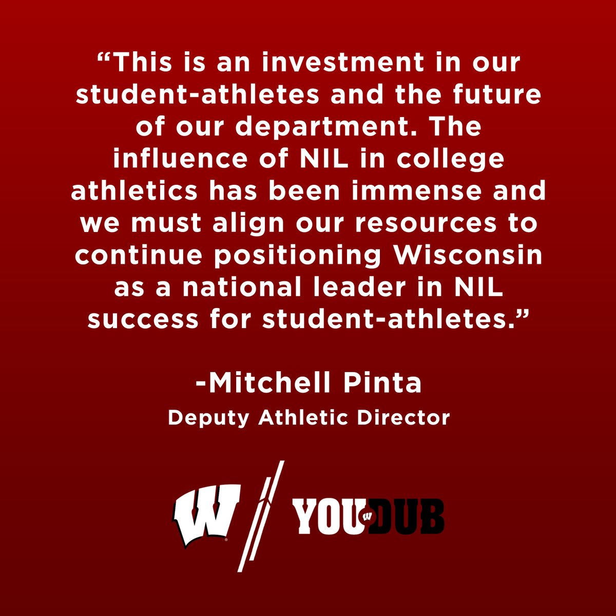 UWBadgers's tweet photo. Positioning Wisconsin and its athletes for success in the NIL era of college athletics

We're introducing new roles to lead our "YouDub" NIL program and strengthen our support of student-athletes

📰 https://t.co/BxWVZsDCwv https://t.co/iUt4SrhzfJ