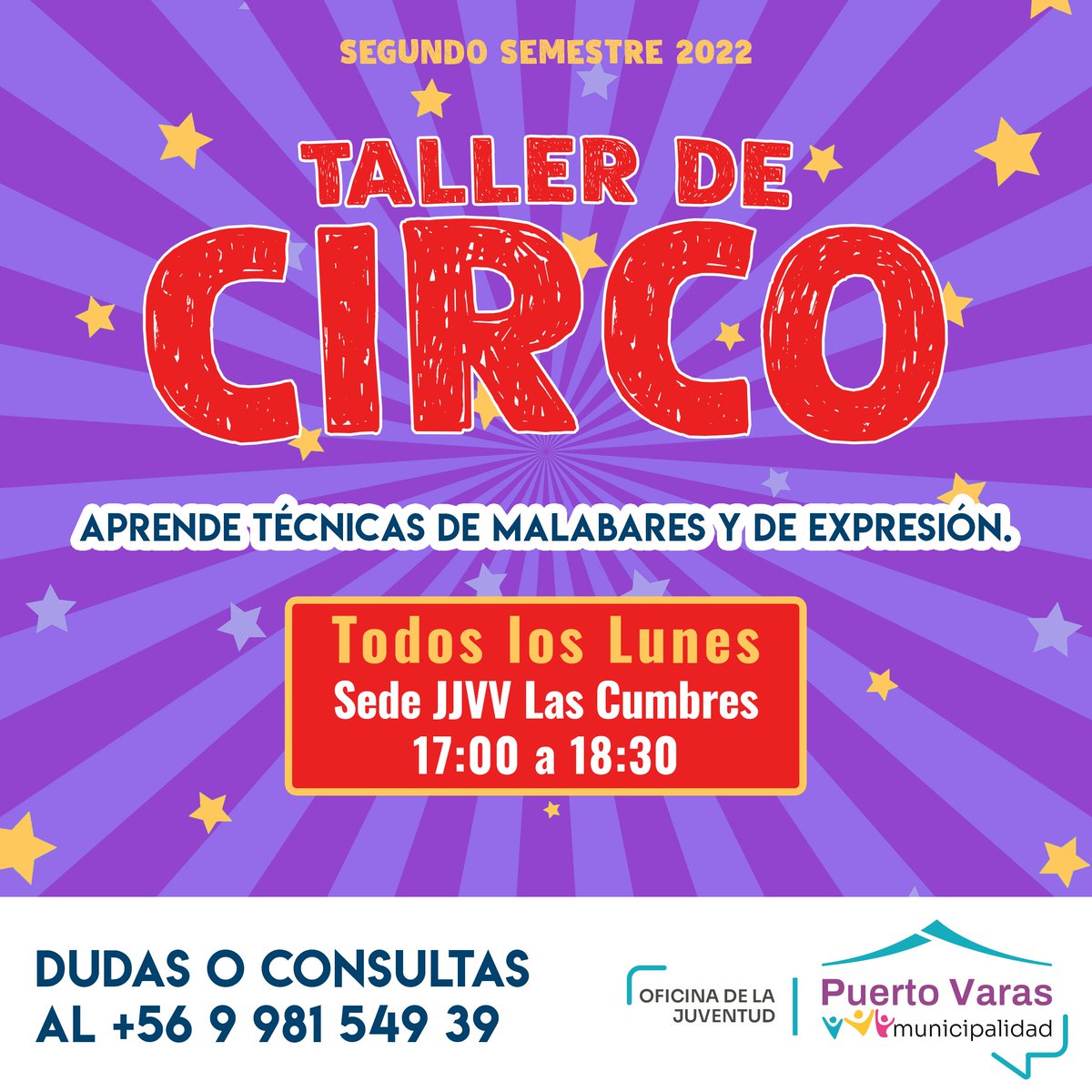 muniptovaras's tweet photo. 🤹‍♀️ Recuerda que cada lunes en la Sede JJVV Las Cumbres #PuertoVaras te invitamos al Taller de Circo para aprender malabares y técnicas de expresión circense. 

Te esperamos! https://t.co/0ktgLZktPw