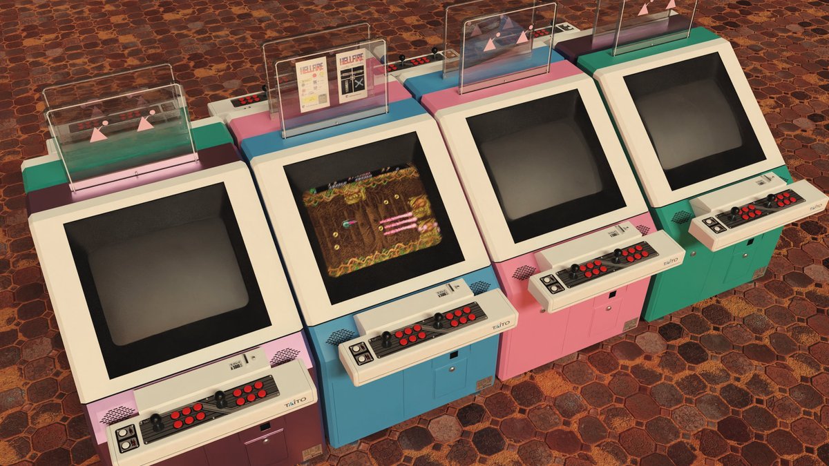 kite_VR_noe's tweet image. 80年代のカラフルなミディタイプ筐体
⬅️タイトー: MM-5　➡️テクモ: アーバン
#b3d #Blender #アーケード筐体