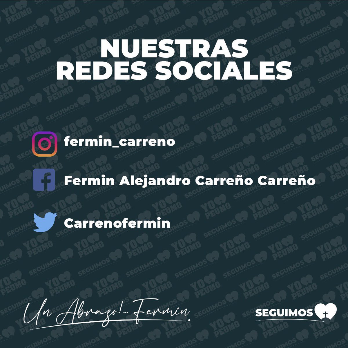 Síguenos en nuestras RRSS     #SEGUIMOS ❤️
Un abrazo, Fermin. 
 
Yo amo ❤️ Peumo