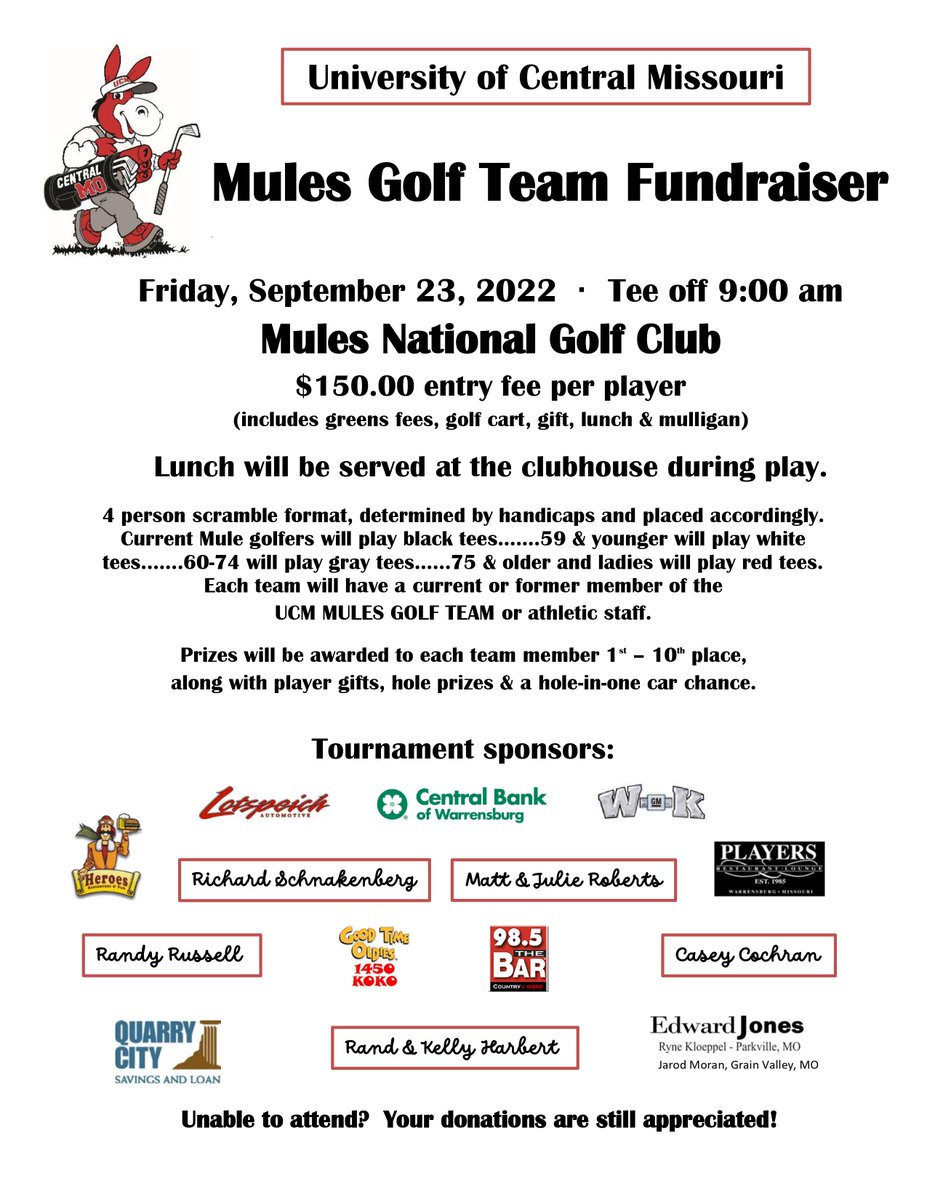 UCM Mules & Jennies (@ucmmules) on Twitter photo The annual Mules Golf Team Fundraiser is just a few weeks away!
To lock in your spot, call Coach Tim Poe: 660-238-2970
<a href="/MulesNational/">Mules National Golf Club</a> | #teamUCM | <a href="/UCM_Alum/">UCM Alumni Foundation</a> The annual Mules Golf Team Fundraiser is just a few weeks away!
To lock in your spot, call Coach Tim Poe: 660-238-2970
<a href="/MulesNational/">Mules National Golf Club</a> | #teamUCM | <a href="/UCM_Alum/">UCM Alumni Foundation</a>