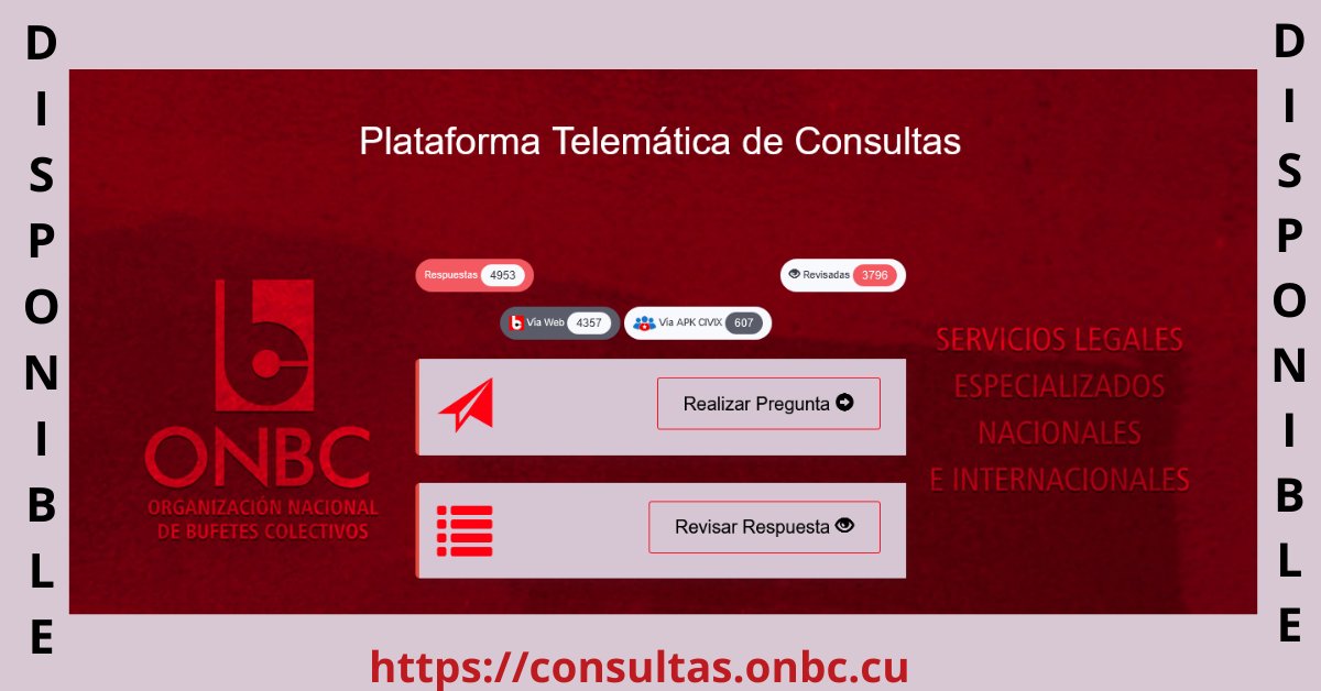 Luego de varias semanas inhabilitada la plataforma de consultas de la #ONBC, queda restablecido su uso para todos los usuarios, pedimos disculpas ya que sabemos lo útil que resulta la misma para todos.
<a href="/PresidenciaCuba/">Presidencia Cuba 🇨🇺</a> 
@CubaMinjus