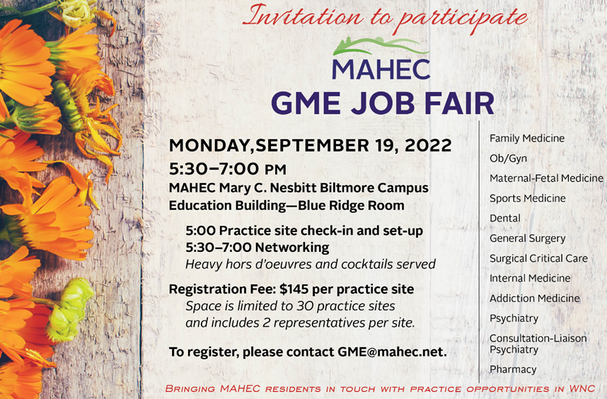 MAHECwnc's tweet photo. We’re happy to announce our annual #MAHEC Resident and Fellow #JobFair will be in person for 2022! If your practice is interested in participating, please email Cheri at GME@mahec.net. #GME #WNC https://t.co/7qA1reENOe