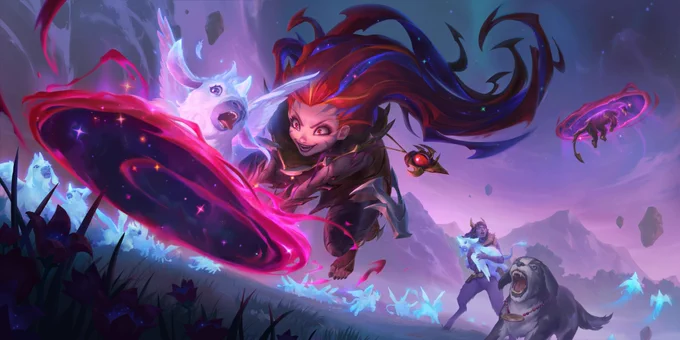 LoR exclusive Corrupted Zoe, this skin won't launch with Awakening but Riot is previewing it. It comes with a new lvl up animation 