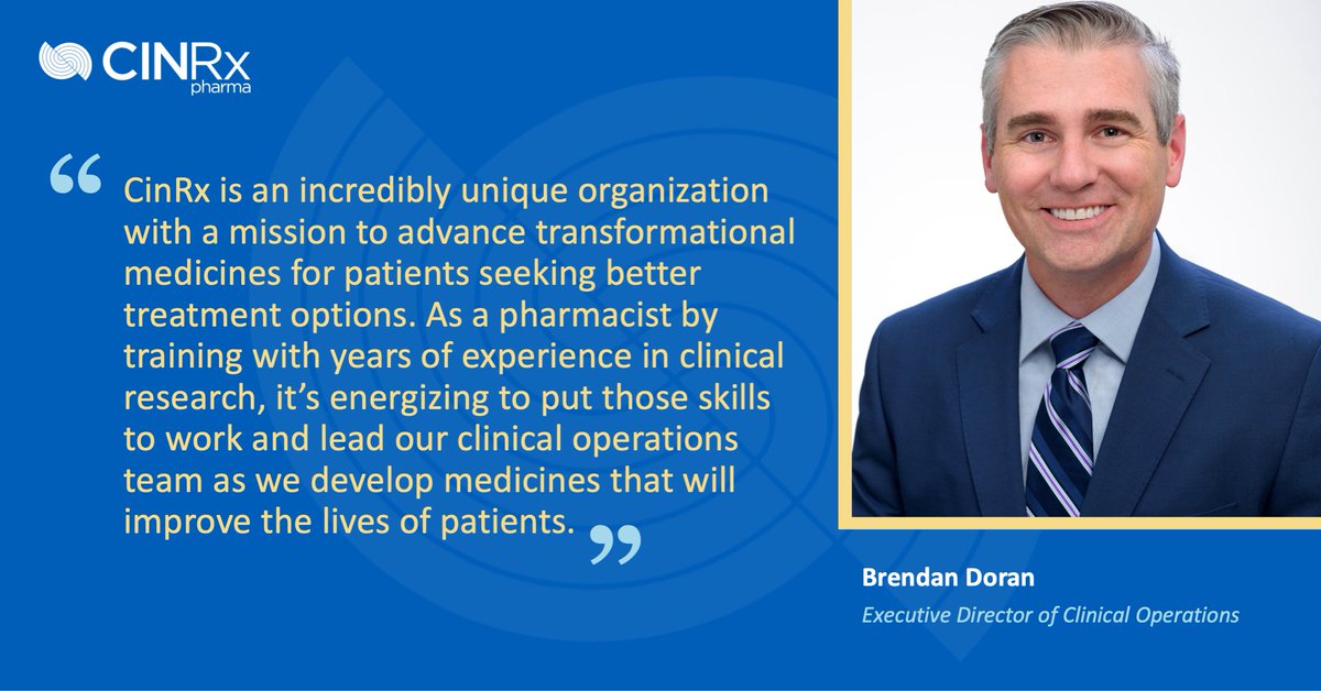 Meet Brendan Doran, our Executive Director of Clinical Operations! Brendan joined the CinRx team in 2019, bringing his passion for science & business together to change lives with #transformationalmedicines. Thanks for all you do, Brendan! #employeespotlight #superhighway