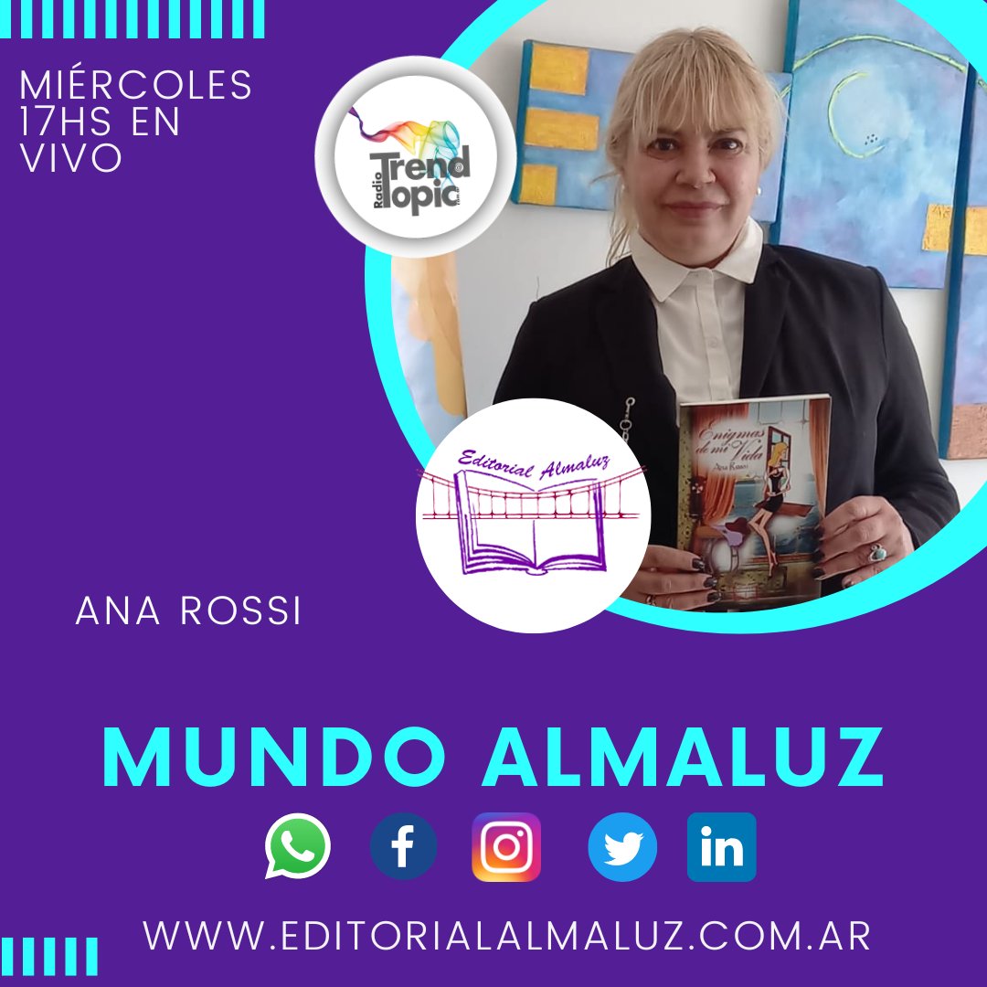 EDITALMALUZ's tweet photo. Mañana en el programa radial #MundoAlmaluz entrevistaremos a la autora Ana Rossi ¡Conectate con tus pasiones y los libros a las 17hs! #editorialalmaluz #radiotrendtopic #autoras #libros https://t.co/52owGt6jVi