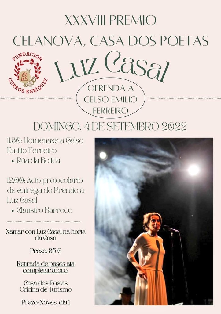 _antochile's tweet photo. @luzcasaloficial premio 'Celanova' Casa dos Poetas' por sus cuatro décadas de trayectoria musical y su prestigio internacional.
#luzcasal #premio #4decadas #trayectoria #musical
Domingo 4 de septiembre 2022 a las 12:00hrs. https://t.co/g1S1MsTLE7