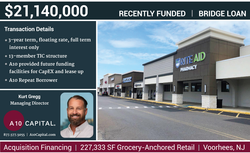 A10Capital's tweet photo. A10 is pleased to announce Kurt Gregg, Managing Director of Originations, closed a $21,140,000 acquisition bridge loan for a grocery-anchored neighborhood shopping center in Voorhees, New Jersey.

#commercialrealestate #CRE #CREfinance #retail #bridgeloan #A10Capital https://t.co/KpmbYKNPMy