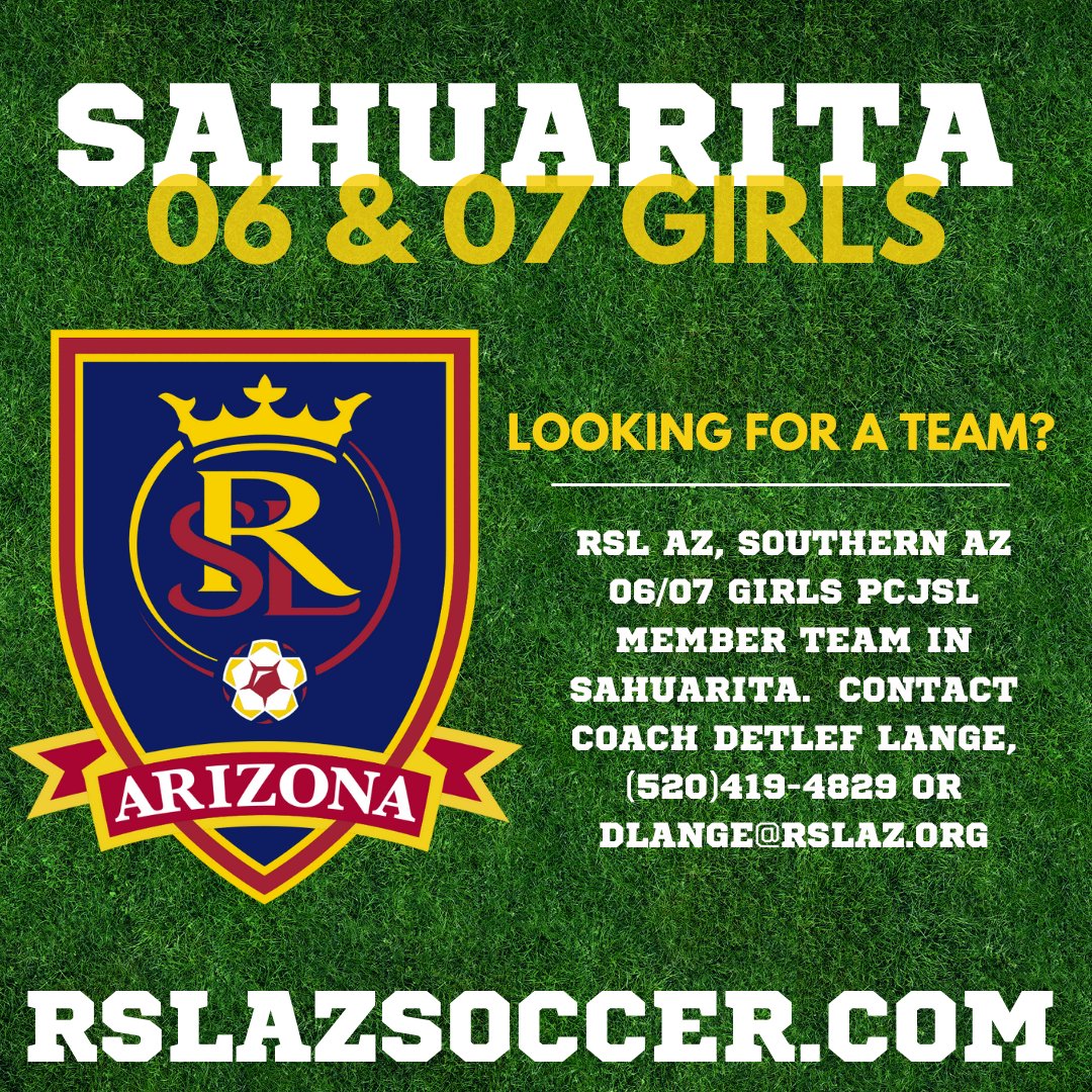 06 &amp; 07 SAHUARITA GIRLS...are you in need of a team? 
RSLAZSOCCER.COM 
We still have a few spots available with our RSL-AZ 06/07 girls PCJSL member team in Sahuarita.  Contact Coach Detlef Lange, (520)419-4829 dlange@rslaz.org

#sahuarita #girlssoccer #sahuaritasoccer