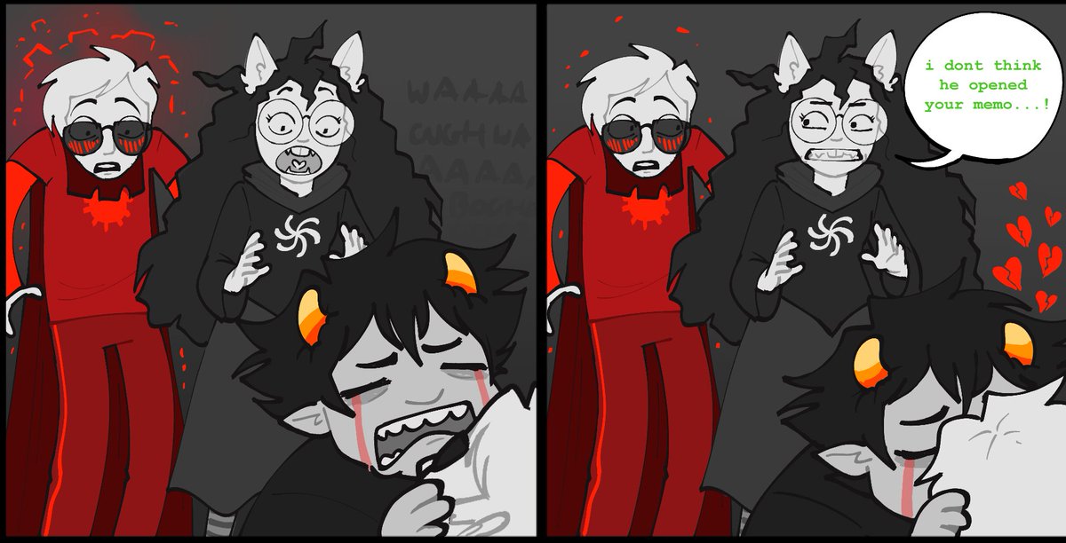 buzzingRoyalty's tweet photo. davekat week day 2 SADSTUCK 😢😢😢

rly corny cliche scenario in which  theres dead daves to clean up but karkat doesnt check his fucking texts to know what the hell is going on

#homestuck #davekatweek #davekatweek2022 https://t.co/EqYLu4J4kH
