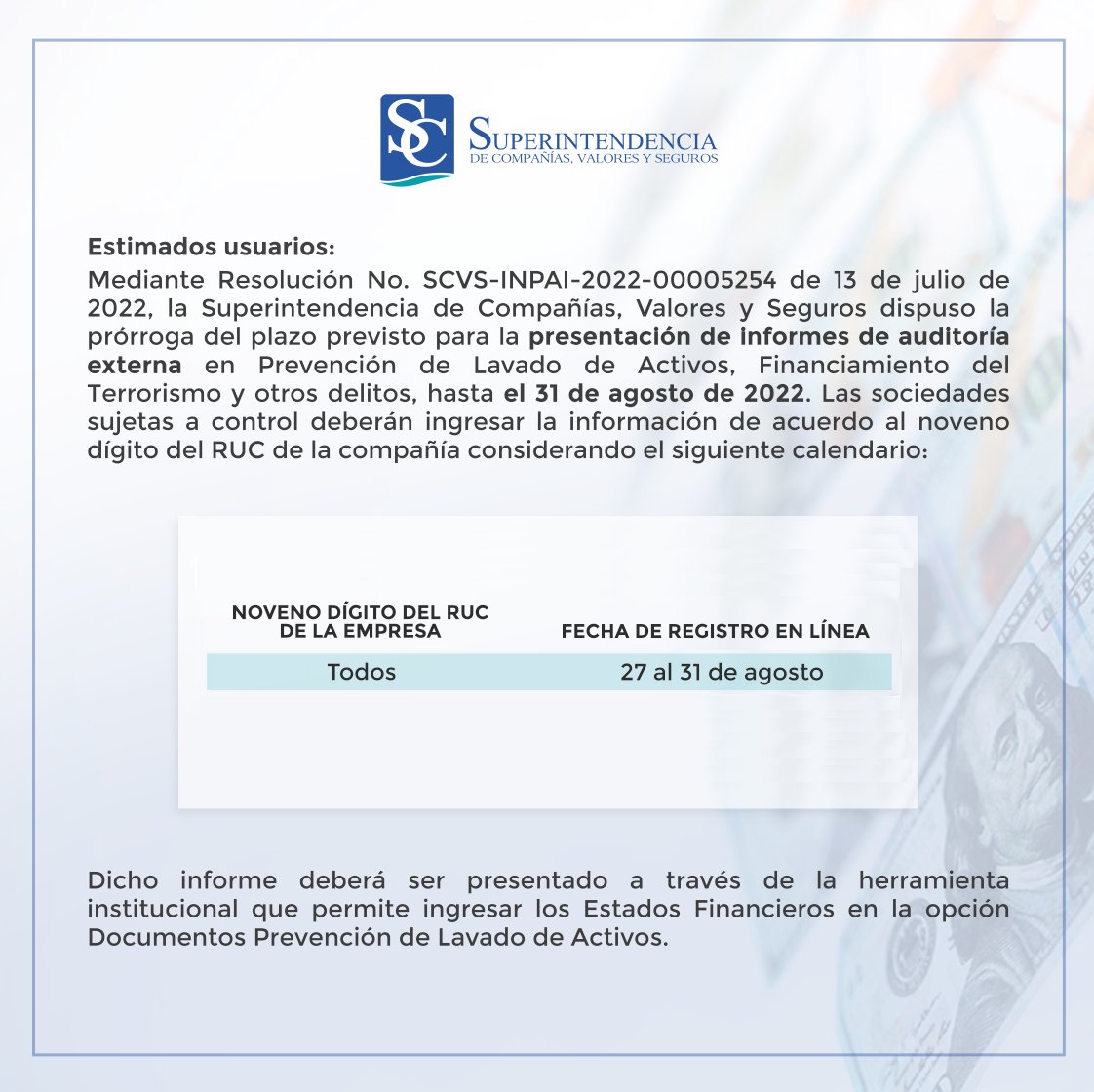 SuperintEC's tweet photo. Les recordamos a las compañías que HOY pueden presentar los informes de auditoría externa en Prevención de Lavado de Activos todos los dígitos. https://t.co/DuSGFk3S4Q