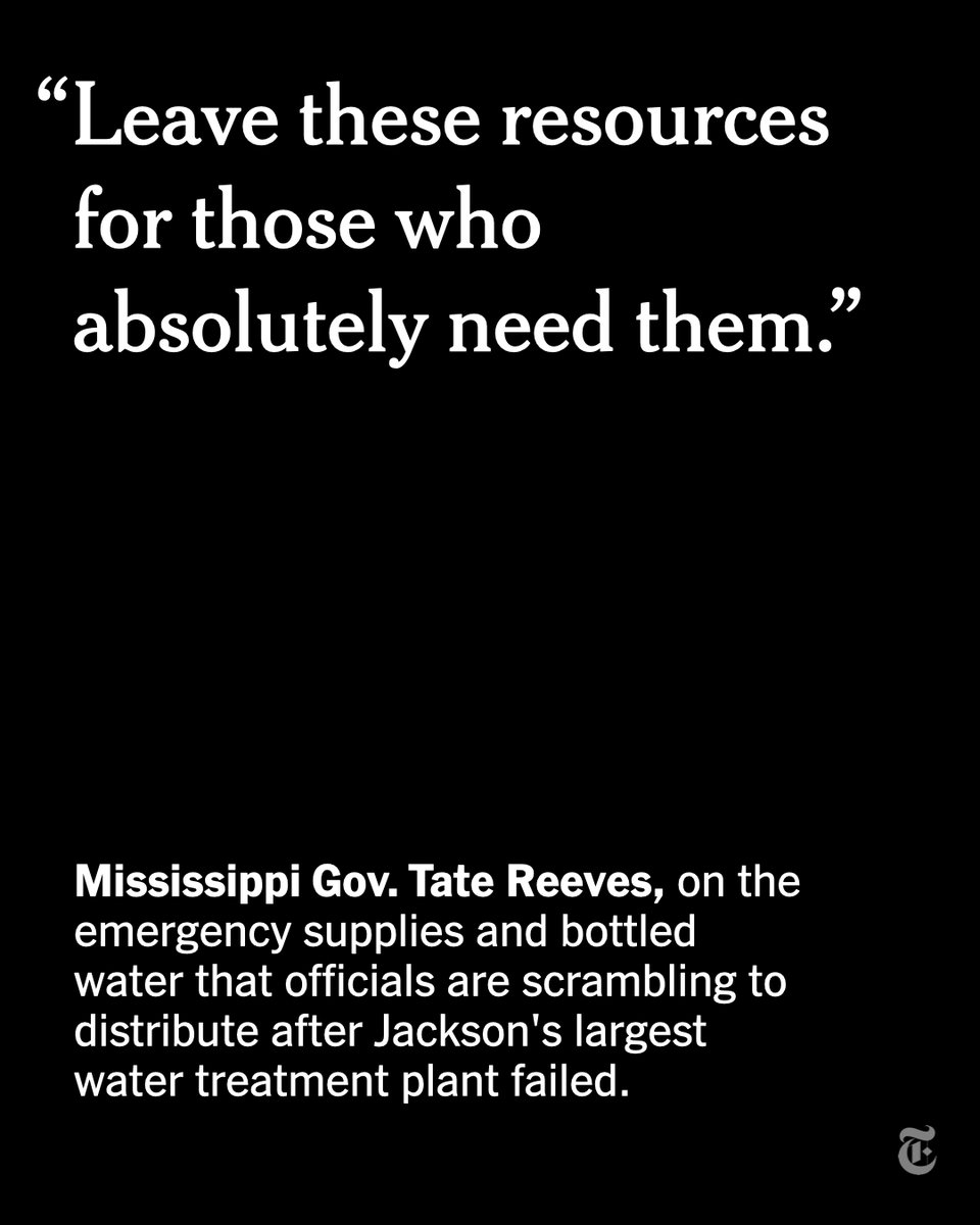nytimes's tweet photo. The majority Black city of Jackson, Mississippi, has long endured a dysfunctional water system with frequent disruptions and boil-water notices. Now residents are being asked to buy their own bottled water for a safe drinking supply. https://t.co/YD50gqLFrT https://t.co/qnB1izwfMX