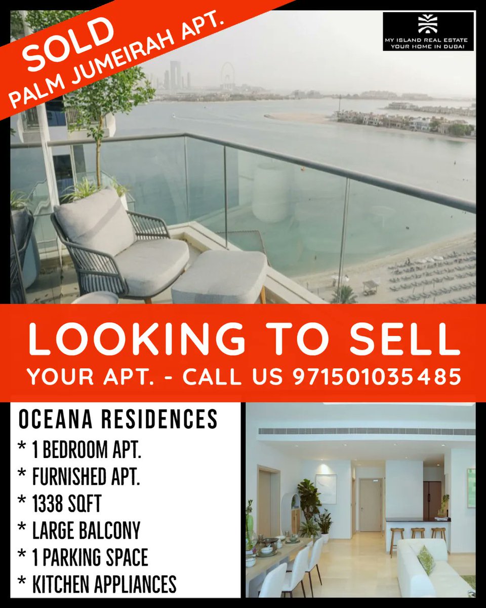 SOLD - PALM JUMEIRAH Apt.
Oceana Southern Apt.

1 Bedroom - Fully furnished Apt with Kitchen Appliances and Large Balcony.

If you are looking to SELL your apt., Please message us on 971502250532

#dubai #dubairealestate #realestatedubai #dubaiproperties #propertiesdubai