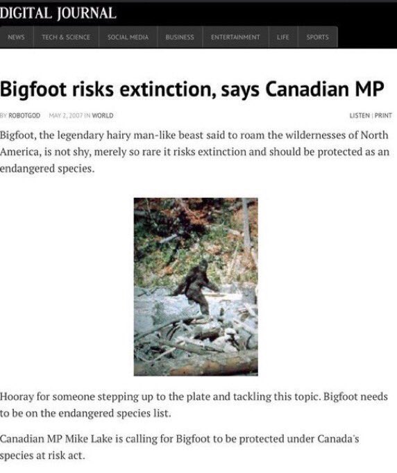 Gogohuffy's tweet photo. Alberta is calling… for Bigfoot to be protected under the Species at Risk Act
For real
#YEG MP Mike Lake actually filed a petition in the House of Commons
In reality it’s the ROC that need protection from Alberta’s rabid beasts
#ElliotMcdavid #cdnpoli #Abpoli #Ableg #Absurd https://t.co/hEaF8hrM3q