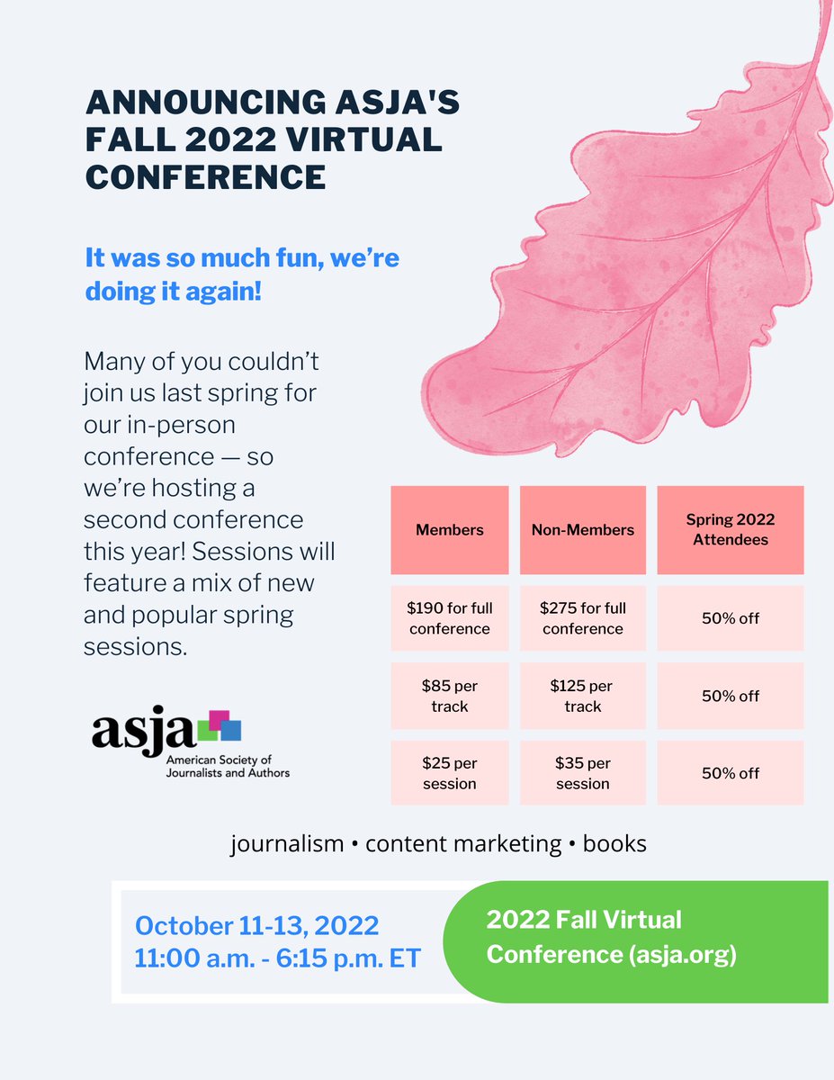 ASJAhq's tweet photo. ASJA's Fall Virtual Conference: The Next Step in Your Success

Register now. 

Click here to register: https://t.co/EoMBOl4H1L

#freelancewriting #freelancewriter #contentwriting https://t.co/oqP6GEBkqw
