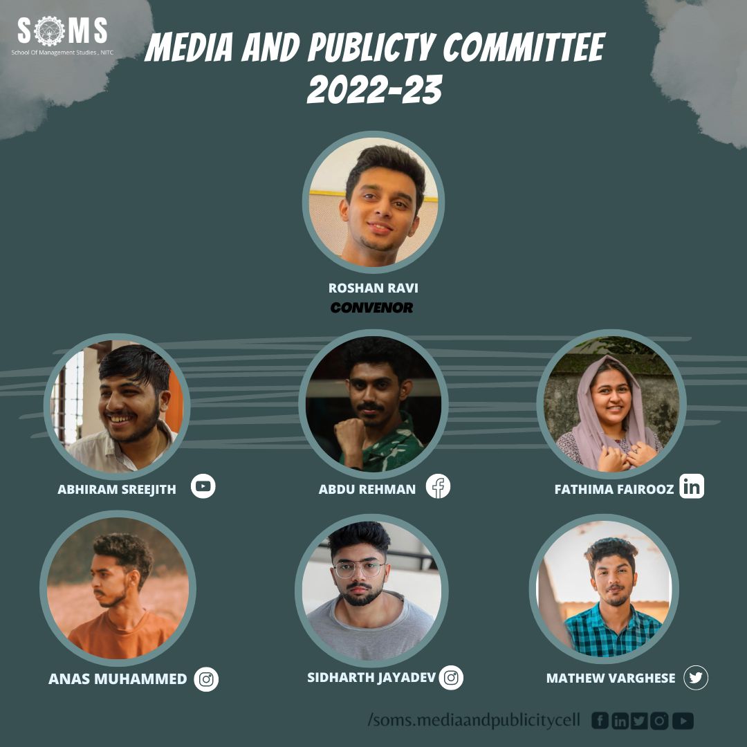 Somsnitcalicut's tweet photo. SOMS NIT Calicut present before you our Social Media Committee from the class of 2024. Congratulations and wish you all success!!
#committee #mba #nitc #nit #nitcsoms #soms #committee2022 #studentscommittee #team #teamwork #management #business #corporate #campus #socialmedia https://t.co/TMhLREfRgU