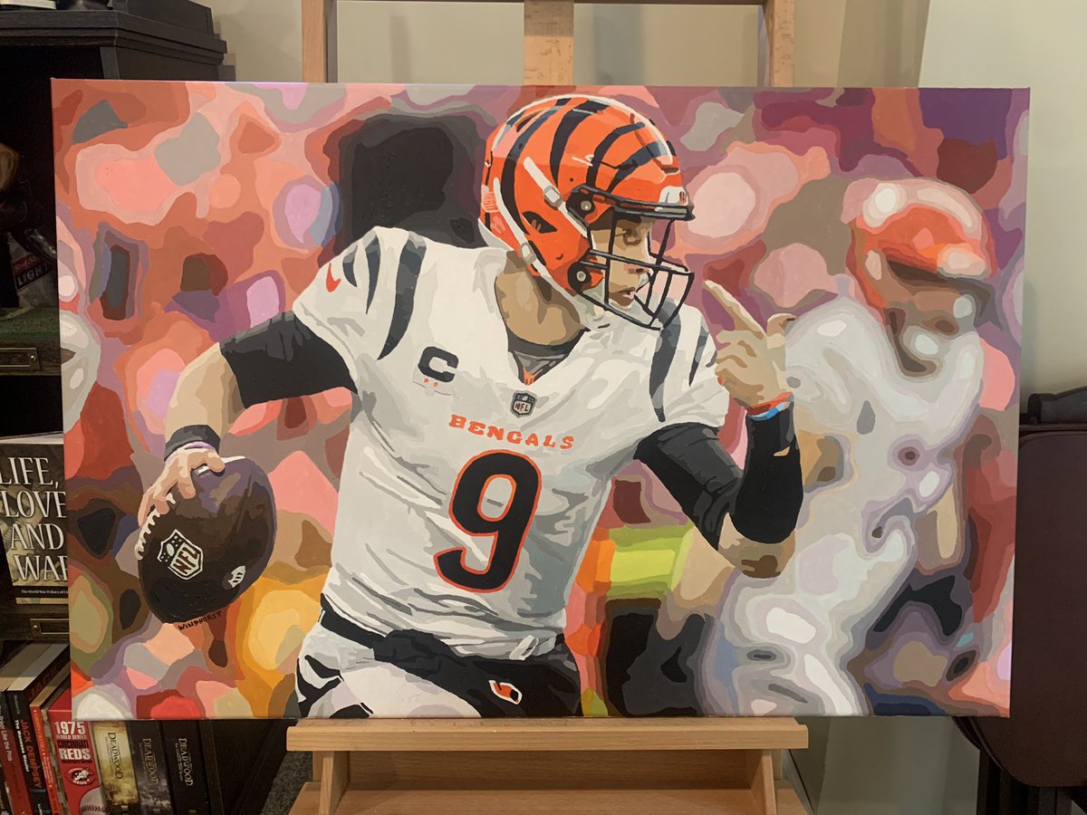 GivenToWhoDey's tweet photo. Finished! Joe Burrow “The Comeback” on a 36x24 canvas in acrylics. Commissioned by Ryan Hutchinson. My 12 commissioned piece this year. On to the next one. #bengals #WhoDey #JoeBurrow #BengalsNation @JoeyB https://t.co/H5Am51Qr5J
