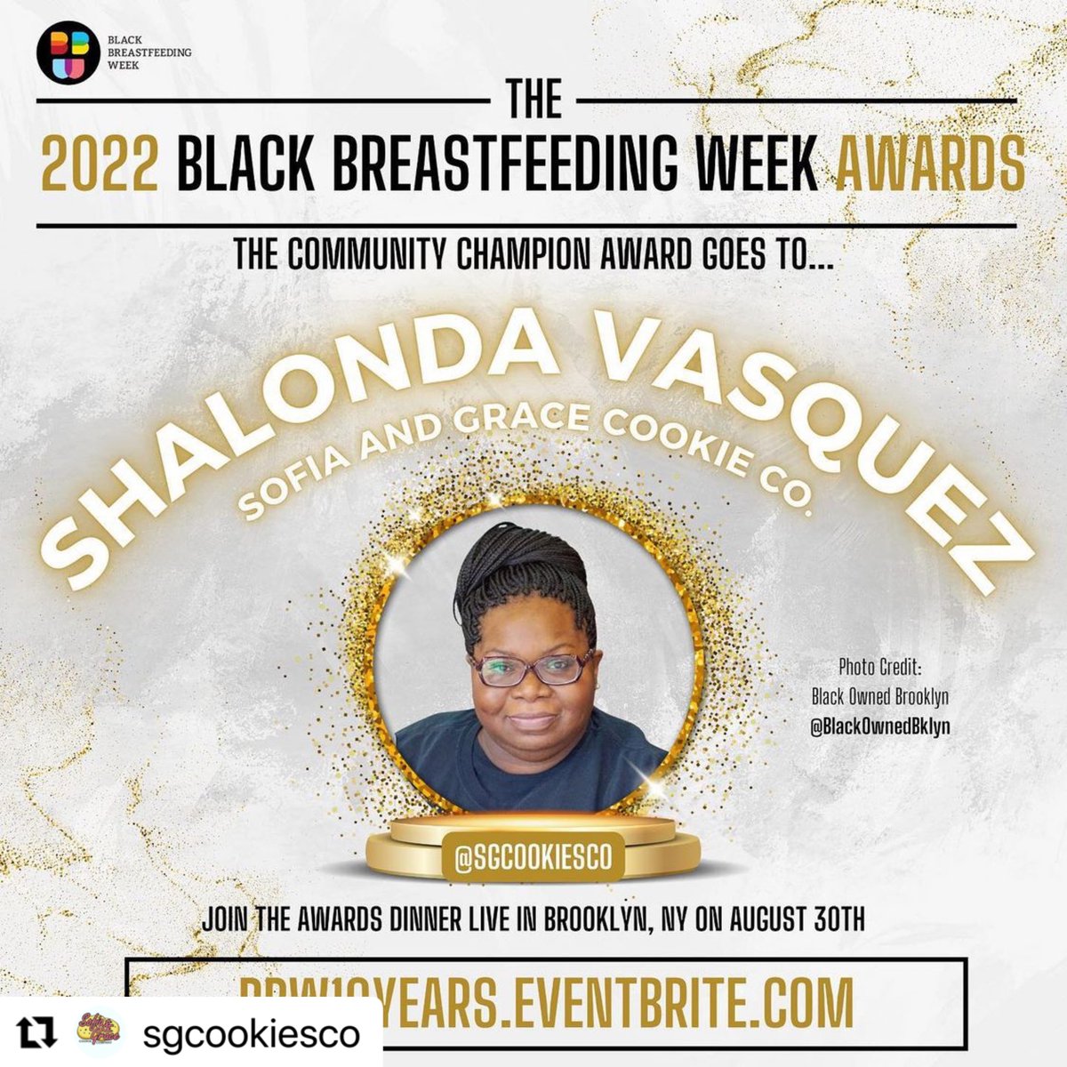 BlkBfingWeek's tweet photo. We are excited to honor @sgcookiesco tonight.

Her #lactationcookies are now AWARD-WINNING 🏆🏆

 This year we celebrate Black breastfeeding excellence!!

Give her some love!
#BBW22 #BBW10Years https://t.co/yj9hwfoyms