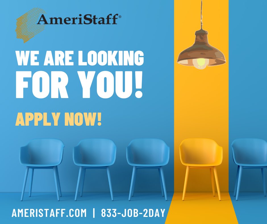 AmeriStaff's tweet photo. We have hundreds of jobs to fill but we just need YOU!! Let us help you find the perfect job TODAY! Give us a call at 833-JOB-2DAY or apply online at https://t.co/ab9QlnvyBr. #nowhiring #applytoday #AmeriStaff https://t.co/gft0tq87L6
