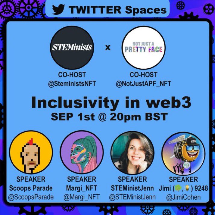 Join us to talk about the state of Inclusivity in Web3 💫💫

Co-hosted by <a href="/NotJustAPF_NFT/">Not Just A Pretty Face</a>, we've got a stacked panel of diverse voices including <a href="/ScoopsParade/">Scoops 🤓</a> <a href="/JimiCohen/">Jimi.tgn</a> @STEMinistJenn and <a href="/Margi_NFT/">Margi_NFT</a> 

#web3 #STEM #diversityintech #space 
x.com/i/spaces/1djGX…