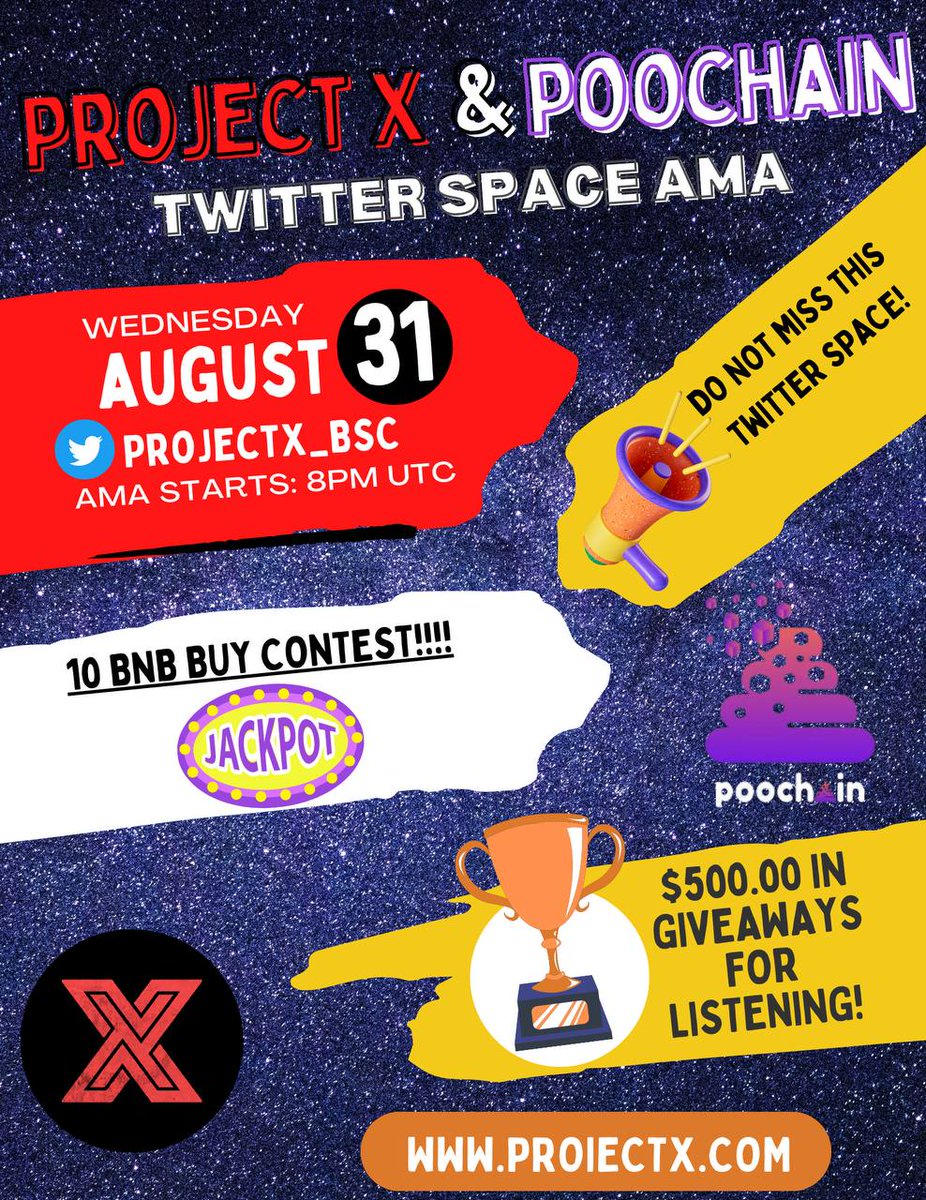 ProXtoken's tweet photo. 📢AMA ANNOUNCEMENT📢

Join us tomorrow @ 20:00 UTC you won't want to miss this!!

💥10 BNB Buy contest!
💥500$ GiveAway For Participants (50$ x 10)!
💥@Poo_chain - Collaboration &amp; Introduction!
💥More plans for the next future!

Ask us Anything!

👇👇👇

https://t.co/e2SWua5QSt https://t.co/aJewfKlacH