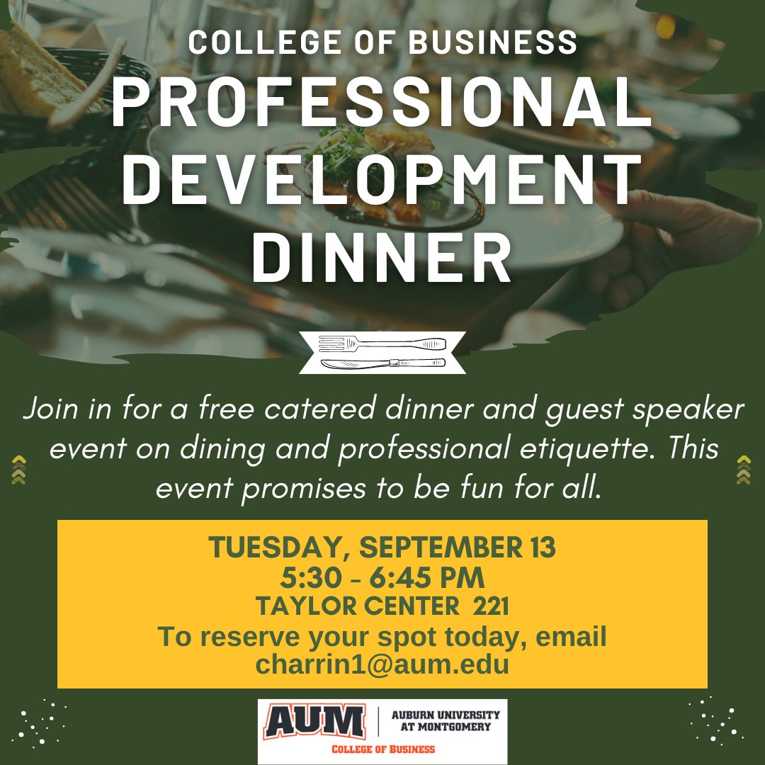 Hungry?😊 Join us for a free catered dinner and some expert advice on business etiquette!🍽
#AUM #AUMCollegeofBusiness #AUMBusiness #ProfessionalDevelopment #BusinessDinner #WarhawkNation #ChooseAUM
