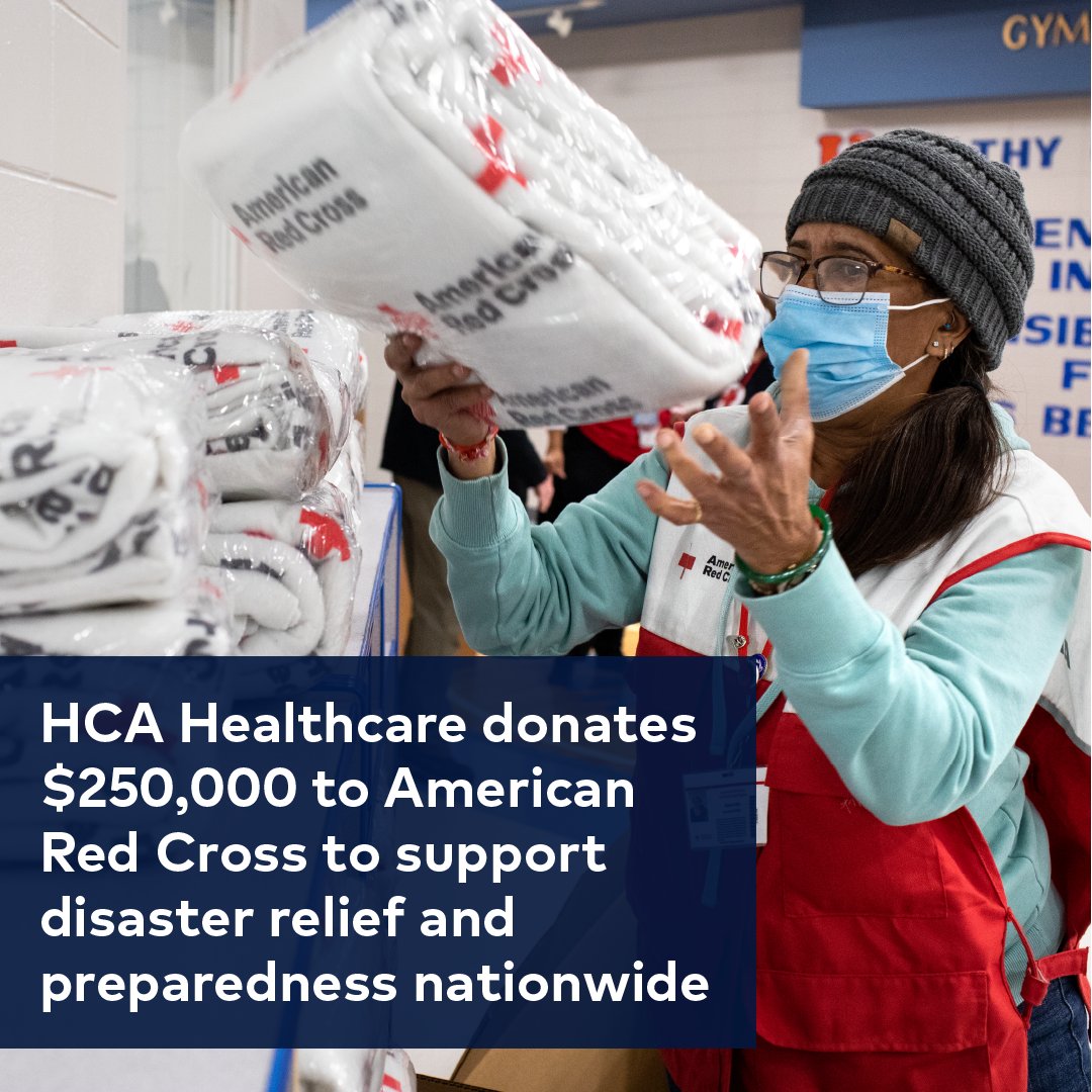 HCAhealthcare's tweet photo. Today, HCA Healthcare announced our continued support of the @RedCross through a $250,000 donation to the organization’s Disaster Responder Program. Learn more about how we prepare individuals and communities for the unexpected – together: https://t.co/GV7BXDOo37. #HCACares https://t.co/fPD7sj84HI