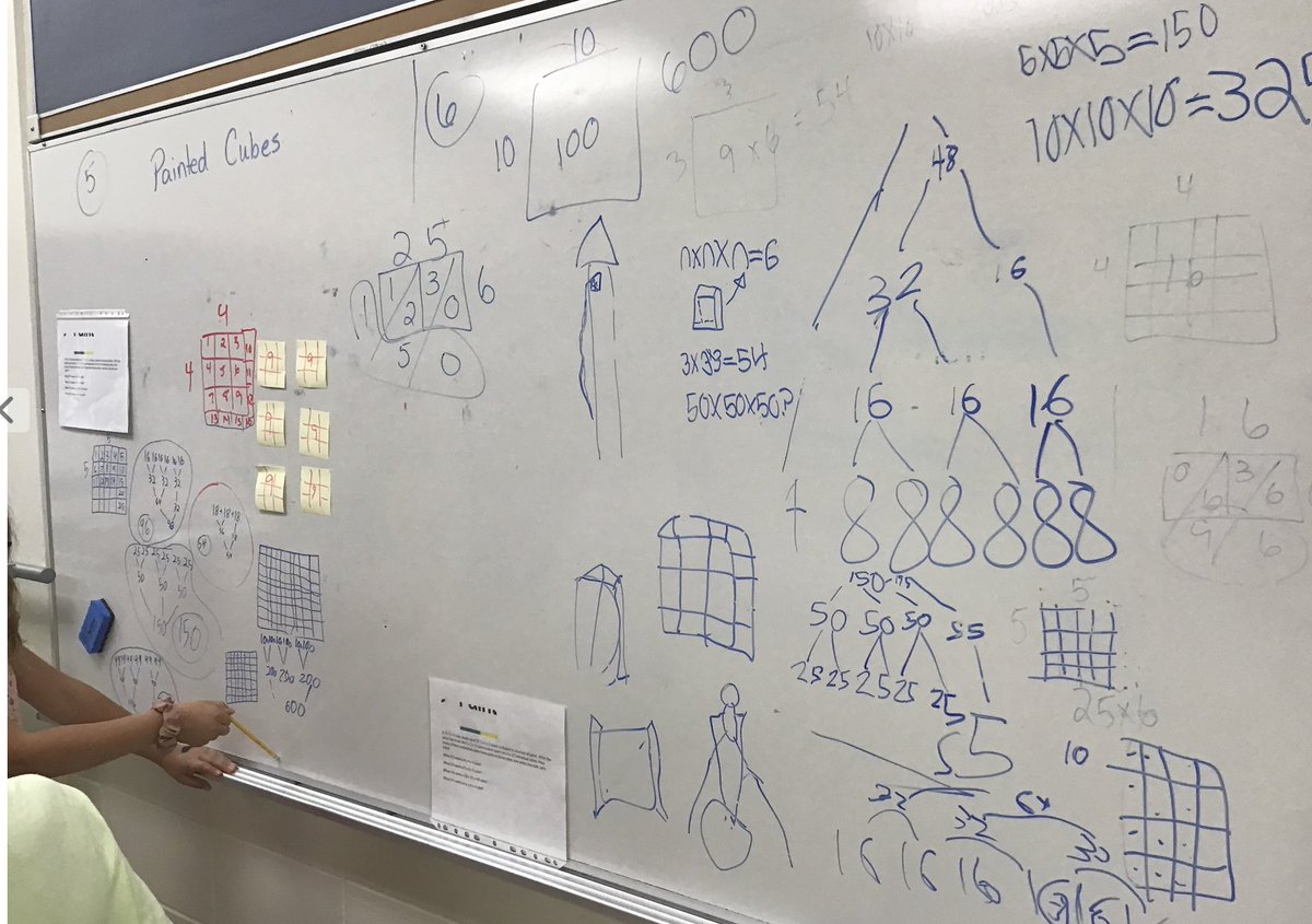 Grade 5 mathematicians <a href="/connectcharter/">Connect Charter</a>  worked on vertical whiteboards talking and showing how they approached the Farmer John and Painted Cubes problems. Loved the energy, excitement, and discussions in the room! Thank you <a href="/pgliljedahl/">Peter Liljedahl</a> #ThinkingClassroom