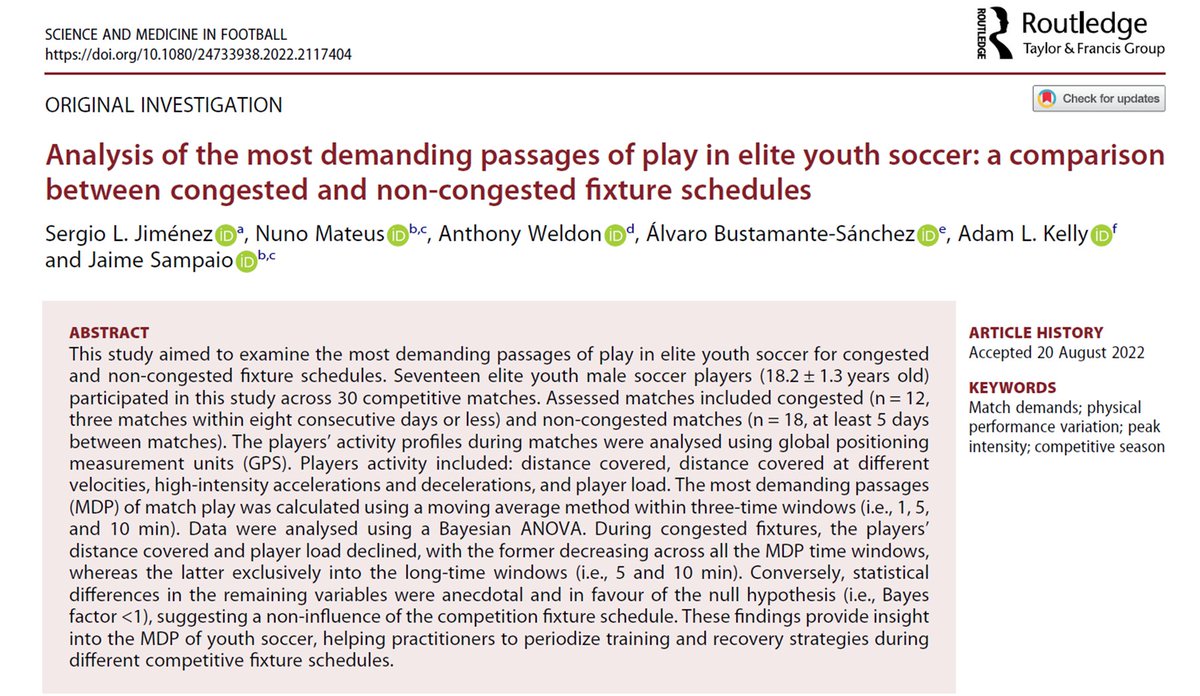 NunoMateus23's tweet photo. Latest 📝⚽
@SciMed_Football: Analysis of the most demanding passages of play in elite youth soccer: a comparison between congested and non-congested fixture schedules
🔗https://t.co/tGgAtx8wFb
✍️@SergioLJimenez5, me, @DrAnthonyWeldon @AlvaroBustaEs @AdamKelly07 &amp; @Jaime__Sampaio https://t.co/zj0eYCot7D