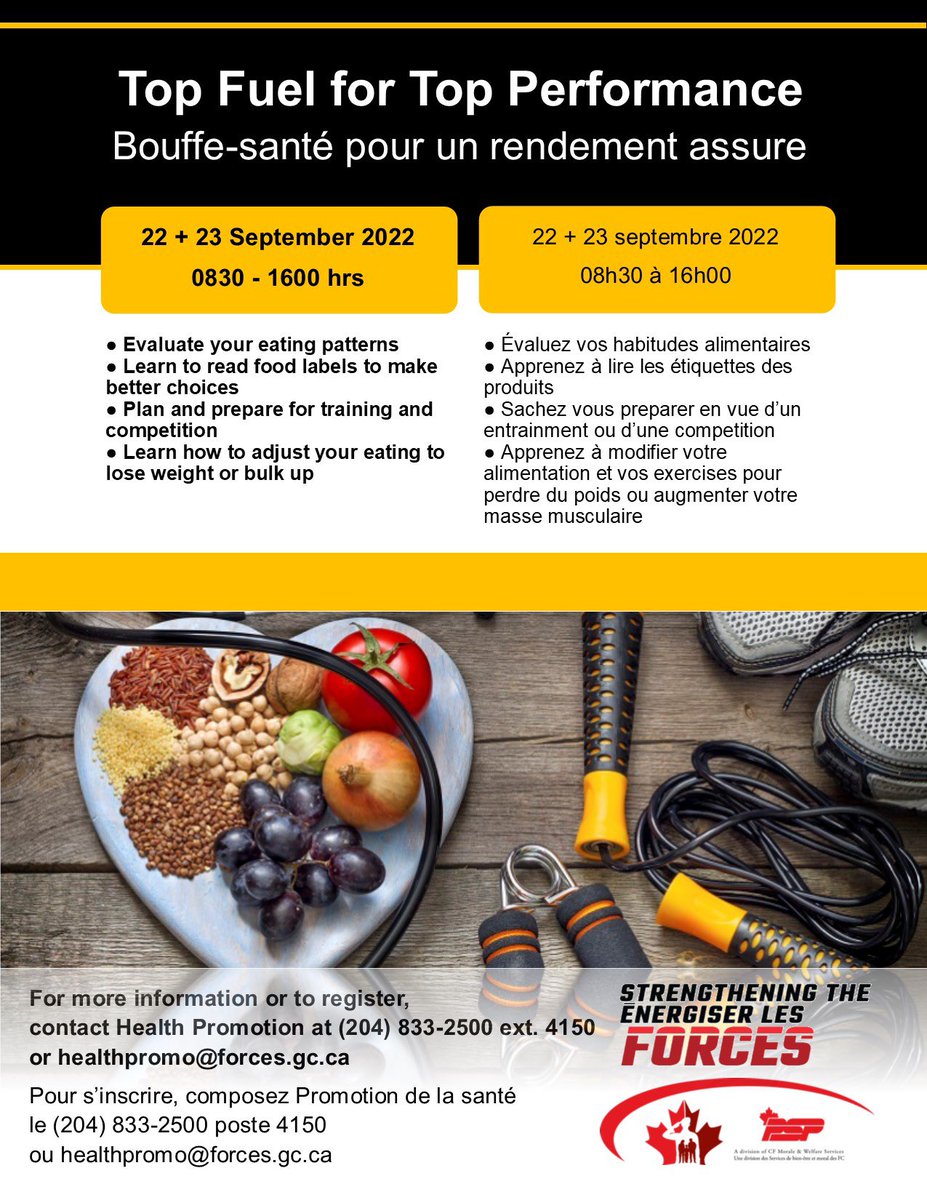 Upcoming Health Promotion courses and briefs. If you’d like to sign up, please contact james.dylan@cfmws.com or call 204-833-2500 x4150 // 
Prochains cours et mémoires sur la promotion de la santé. Si vous souhaitez vous inscrire, veuillez contacter james.dylan@cfmws.com