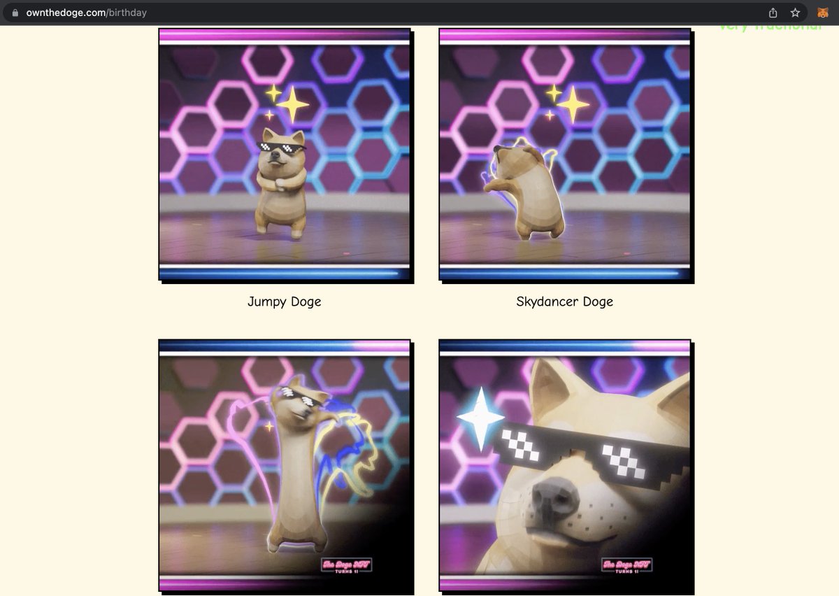 Steps to mint the soulbound NFT:
1. Open: ownthedoge.com/birthday
2. Connect your ethereum wallet
3. Choose a Soulbound NFT from the 4 available and click claim
4. Approve the transaction and voila! You own it
#ownthedoge #2weeksofWow