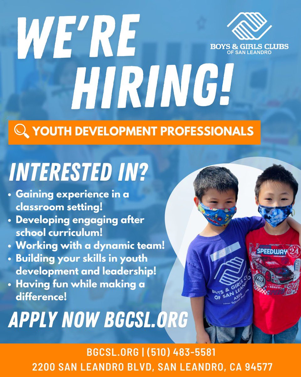 The Boys and Girls Clubs of San Leandro is looking for passionate and energetic individuals to join our team! ✨

If you’re interested or know someone who might be interested, check us out on BGCSL.Org or apply on Indeed!