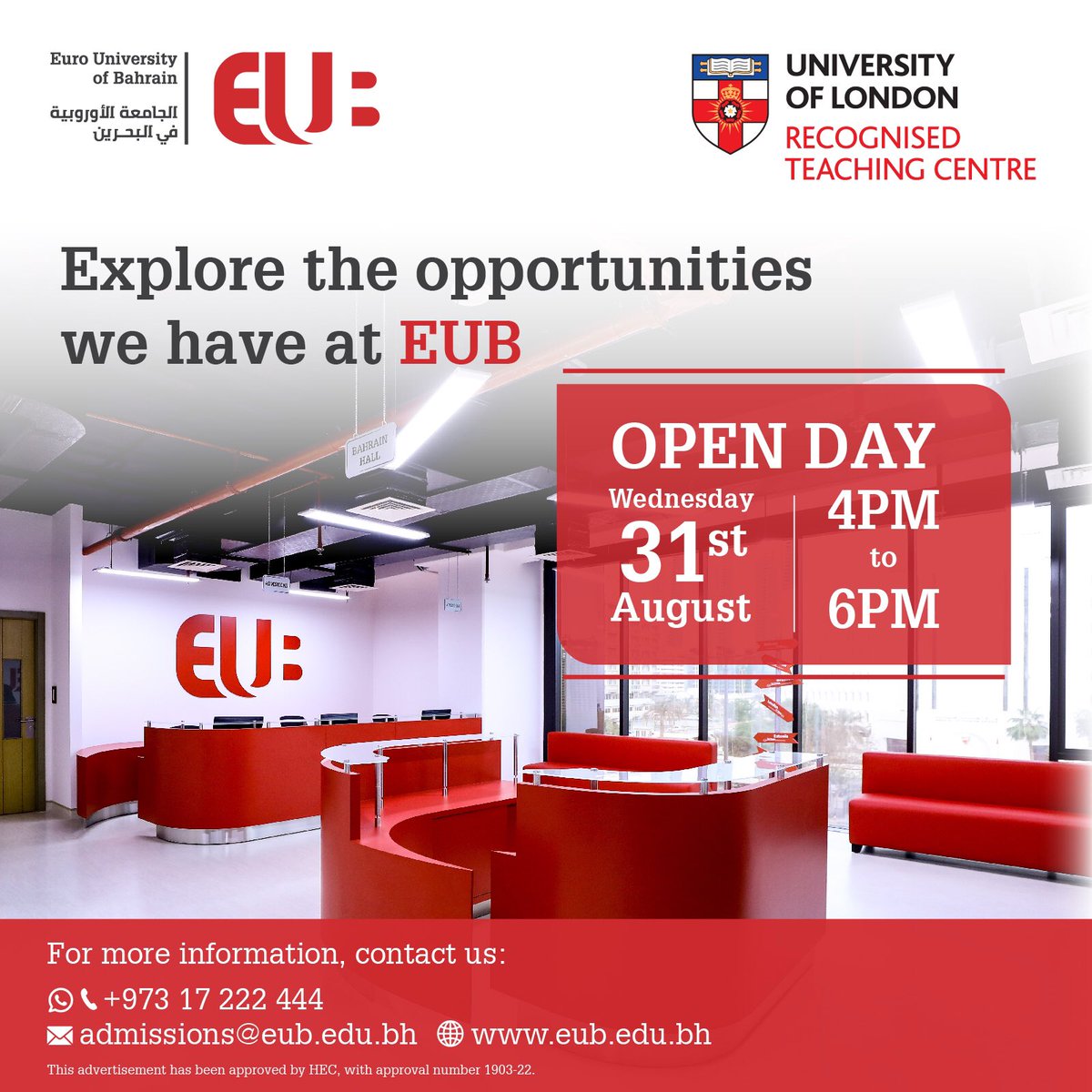 We invite you to explore the opportunities we offer at Euro University of Bahrain.

Our open day will be held tomorrow, August 31st from 4PM until 6PM.

#HigherEducation #Bahrain #EUB #JoinTheWorldClass #openday #university #universityopenday