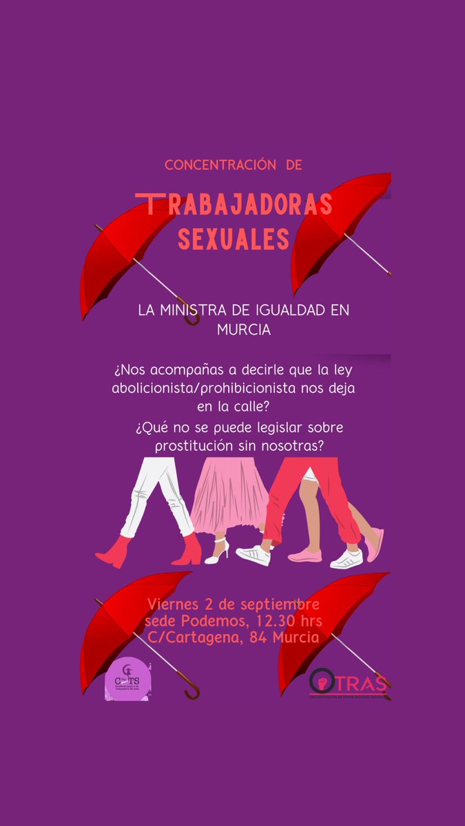 yalile511's tweet photo. Compañera Put4, si estás en Murcia, o alrededores como Alicante, Valencia, acude a la concentración organizada por y para trabajadoras sexvales como tú; acude, lucha por tu #derecho a no ser criminalizada por legislaciones injustas.
No existen malas mujeres, existen malas leyes. https://t.co/tdeljQCtQb