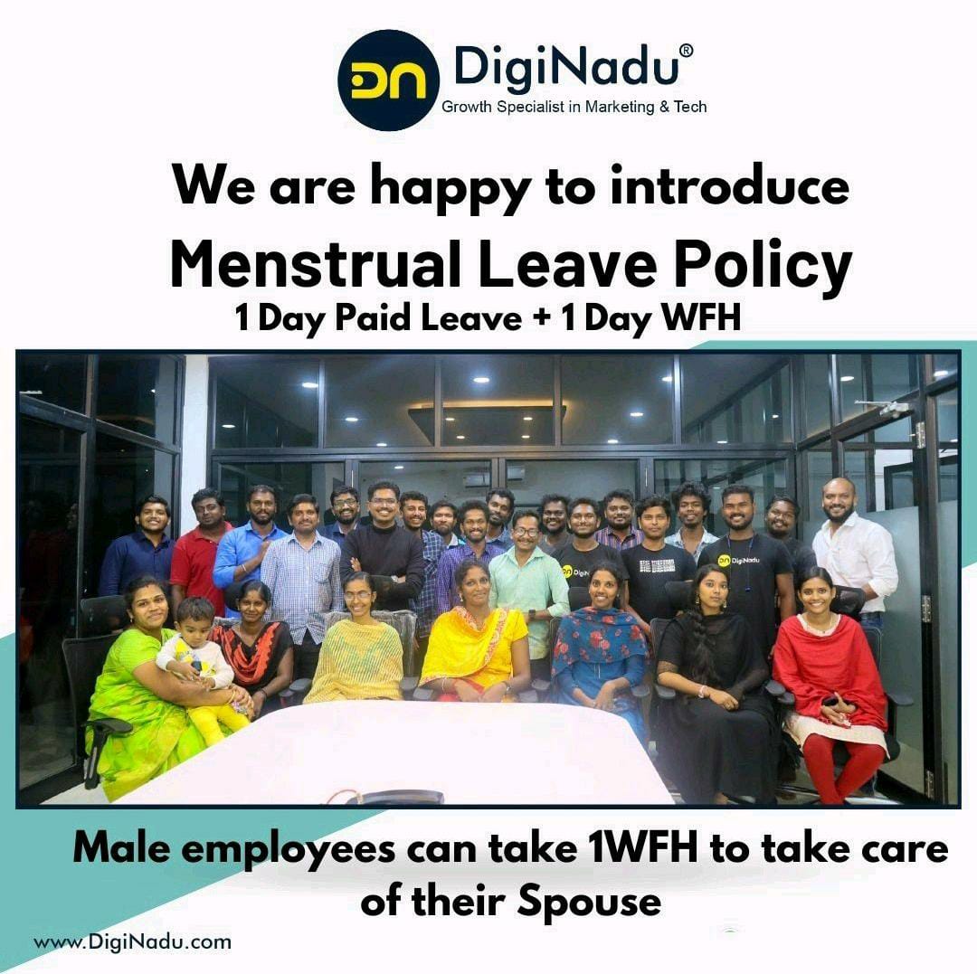 ThamizhachiTh's tweet photo. Many Congratulations to Team DigiNadu, based out of Thirunelveli for being the trailblazers in introducing Menstrual Leave Policy for men. I hope this paves the way for other companies to adopt such progressive policies for their employees. 1/2
#PeriodPolicy #Inclusion #Equality https://t.co/NjcVUXTPOT
