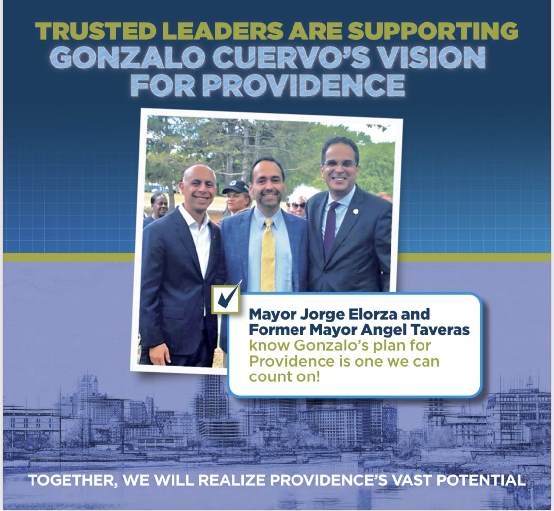 StephMachado's tweet photo. “Democracy on the Line” PAC and @ProvFirefighter Union say they’re spending $43K on mailers for @gonzaloque including this one featuring Mayor @Jorge_Elorza and former mayor @Angel_Taveras https://t.co/KC8UEbnPNe