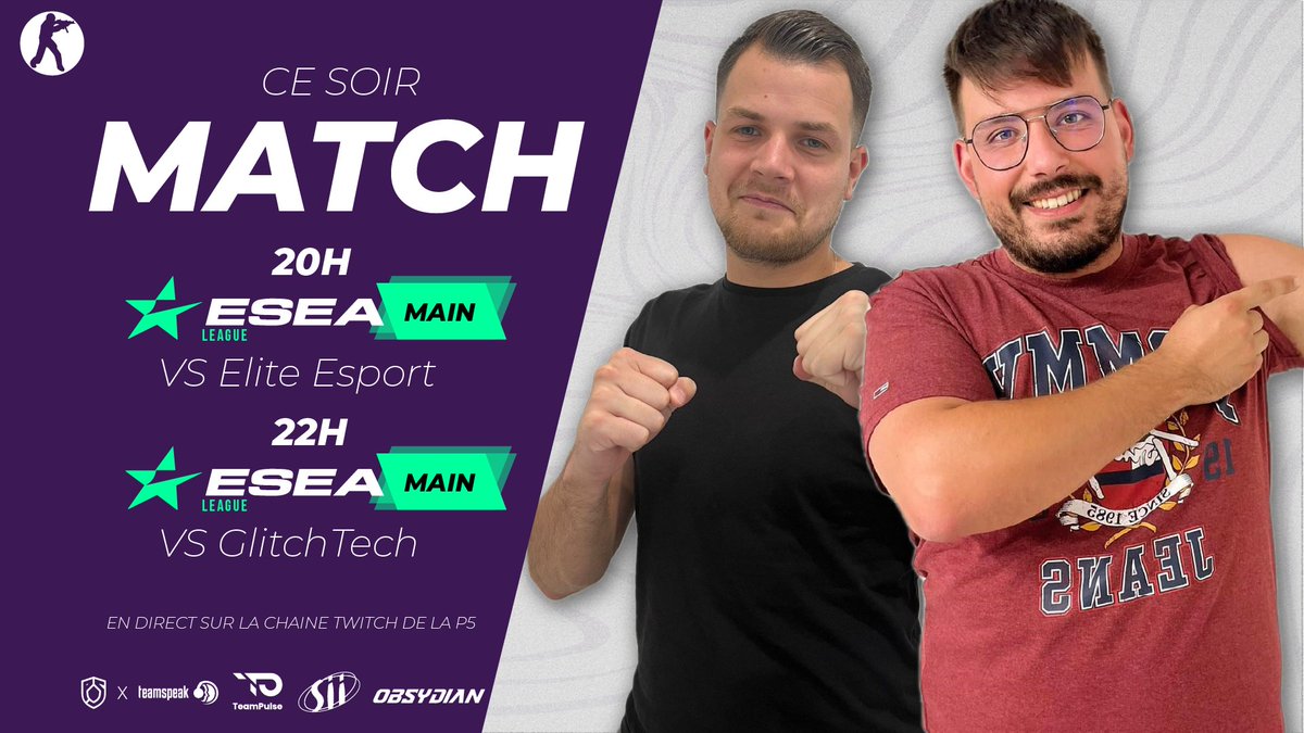 Project5_Esport's tweet photo. π― | π ππ§ππ | π―
Ce soir 2 matchs #CSGO ! La chance nous sourira-t-elle lors de ces affrontements ? π€
β° 20h: P5 VS Elite Esport ! βοΈ
β° 22h: P5 VS GlitchTech ! βοΈ
Rendez-vous sur la #P5TV avec @KewinKiwix ! ποΈ
π https://t.co/XeQjtjrD0G
#ForzaP5 #CSGOMain ππ https://t.co/OHdZy5RQDF