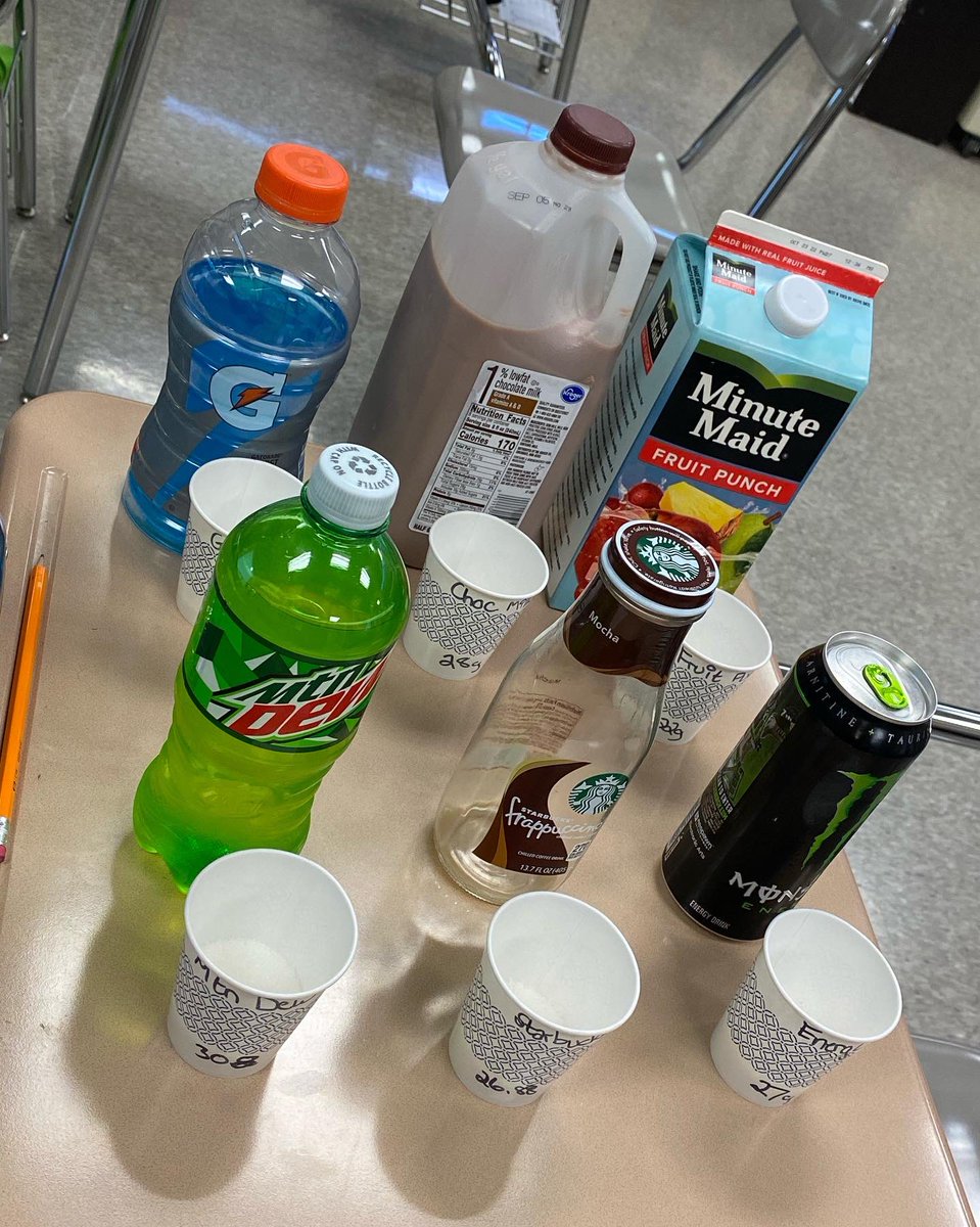 mrs_ricke's tweet photo. For Science today, we practiced measuring grams by seeing how much sugar is in one serving (8 oz) of each of these drinks. We were so shocked by the chocolate milk having more sugar than the energy drink and the Starbucks drink! #bridgestosuccess https://t.co/2v2iz2QY6r
