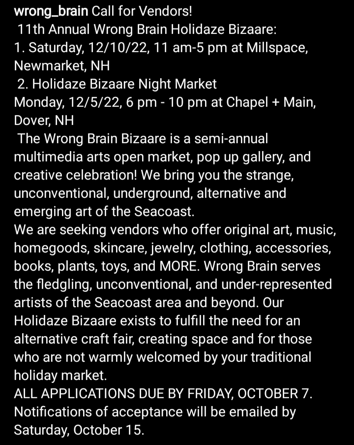 Wrong_Brain's tweet photo. CALL FOR VENDORS!
The 11th annual Wrong Brain Holidaze Bizaare is accepting applications for vendors, artists and performers! Event to be held Dec 5 at the Newmarket Millspace, submissions due by October 7.

Application and more info ⬇️
https://t.co/yimC7rhN5K https://t.co/sHc6GJ9wtF
