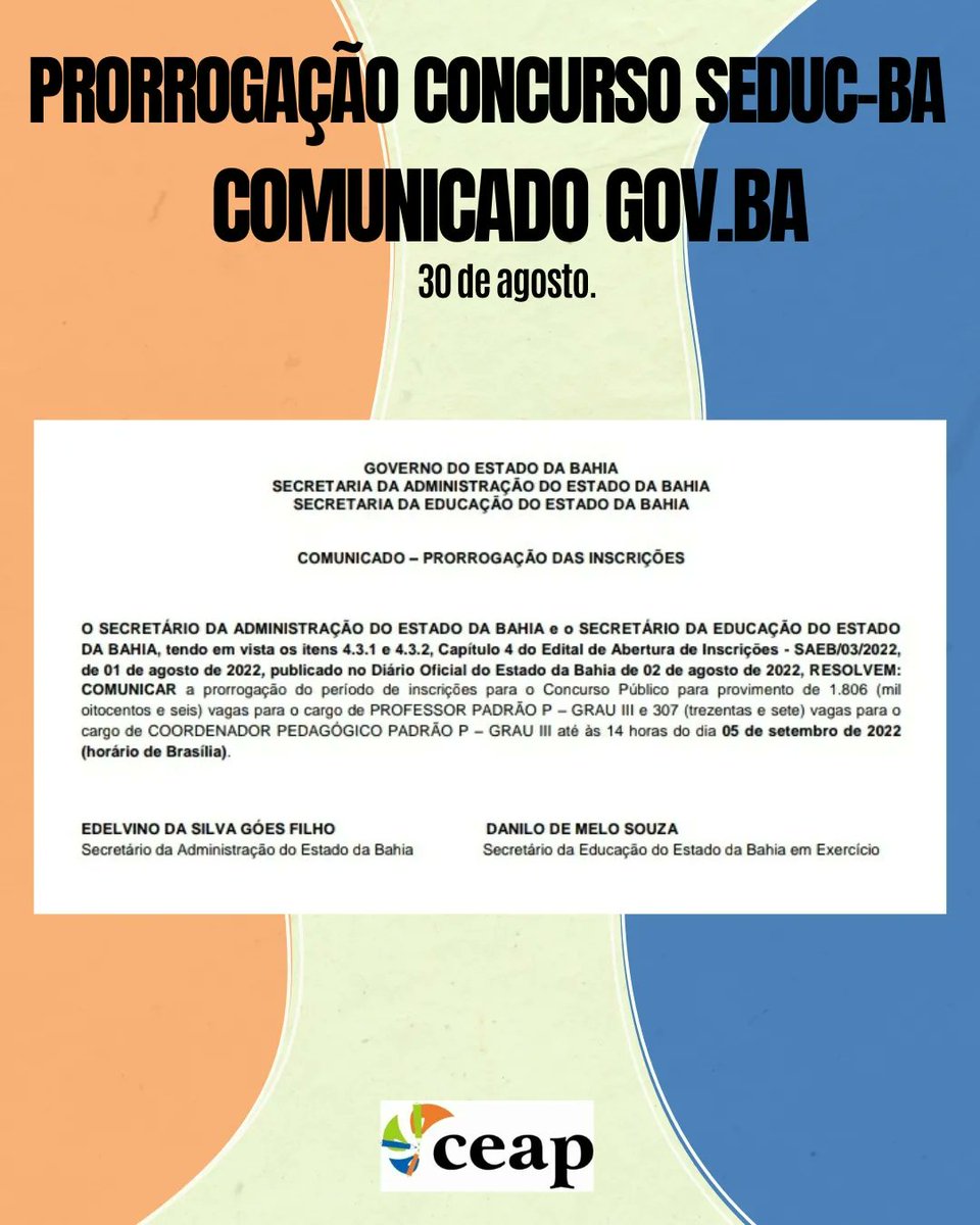 ceap_ong's tweet photo. ⚠️ Prorrogada data de inscrição Concurso SEDUC-BA - 05/09 ⚠️

E o CEAP continua com inscrições abertas para o CURSO PREPARATÓRIO -> https://t.co/o0lmHYsXsm https://t.co/1yZww2PHdh