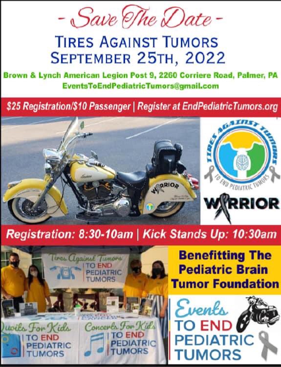 #palmer #pennsylvania - Sept. 25

#motorcycles #charity #charityevent #fundraiser #tires #tiresagainsttumors #tumors #pediatricbraintumorfoundation #pediatrictumor #children 
#thebikerbookforcharity