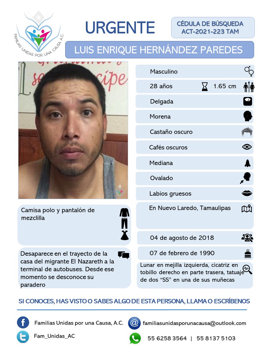 #30agosto #DiaInternacionalDeLosDesaparecidos #NosFalta #LuisEnriqueHernándezParedes #Desap 04/08/18 #NvoLaredo #Tam #Hastaencontrarte <a href="/FelipaRamrez1/">Felipa Ramirez</a> <a href="/RosaQue62542006/">Rosa Quezada</a> <a href="/SeleneA50115504/">Selene Alvarez</a> <a href="/ReynaQu45720116/">Reyna Quintero</a> <a href="/Gabriel59092839/">Gabriela Diaz</a> <a href="/CeliaAcuaMoren1/">Celia Acuña Moreno</a> <a href="/Cristin34710944/">Cristina</a> <a href="/KassandraNuna/">Kassandra NuNa</a> <a href="/susyparedesf/">Susana Flores</a>