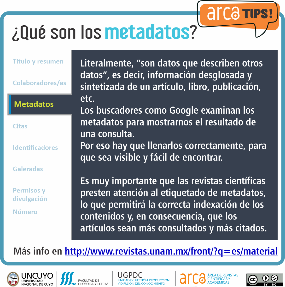 ArcaFFYL's tweet photo. ¡MARTES DE ARCATIPS!
👉 Aquí pueden ver todos nuestros ARCATIPS: https://t.co/kJJHD09g3T
#arcarevistas #somosffyl #UNCUYO #repositoriosdigitales #revistascientificas #revistasacademicas #bibliotecas #arcatips #manuscrito #edición #metadatos #OJS https://t.co/ZJvHjCWEvN