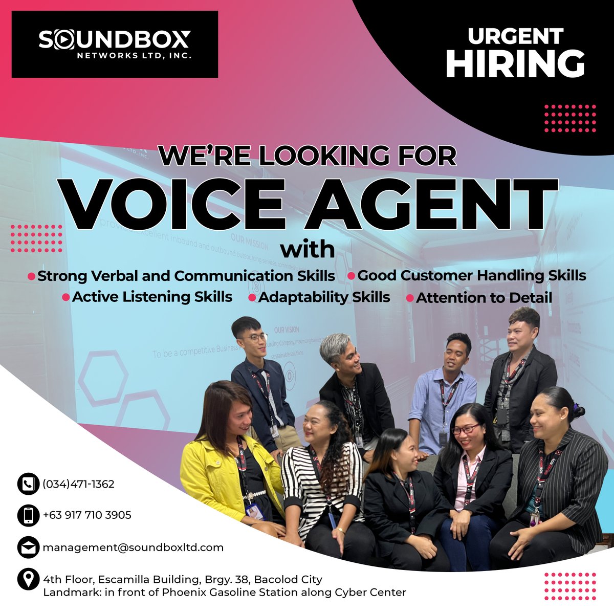 Soundboxnetwor1's tweet photo. Hi everyone!
You can send your CV to the email below for interested applicants who can start asap.
Email add: management@soundboxltd.com
Office  address:  
4th Floor, Escamilla Building,
Brgy. 38, Bacolod City
Landmark:
in front of Phoenix Gasoline Station 
along Cyber Center https://t.co/Lga1xwpDAK
