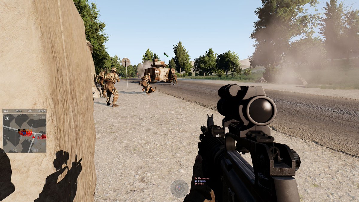 ark_arma's tweet photo. Highlights from our the 27th August #arma3 session:
1) Looking at chaos from a school building
2) Trying to rescue the wounded.
3) UNA troops holding a checkpoint on the Western Sahara CDLC map
4) Brits fighting trough fog on Proving Grounds #arma https://t.co/tObF8HXjke