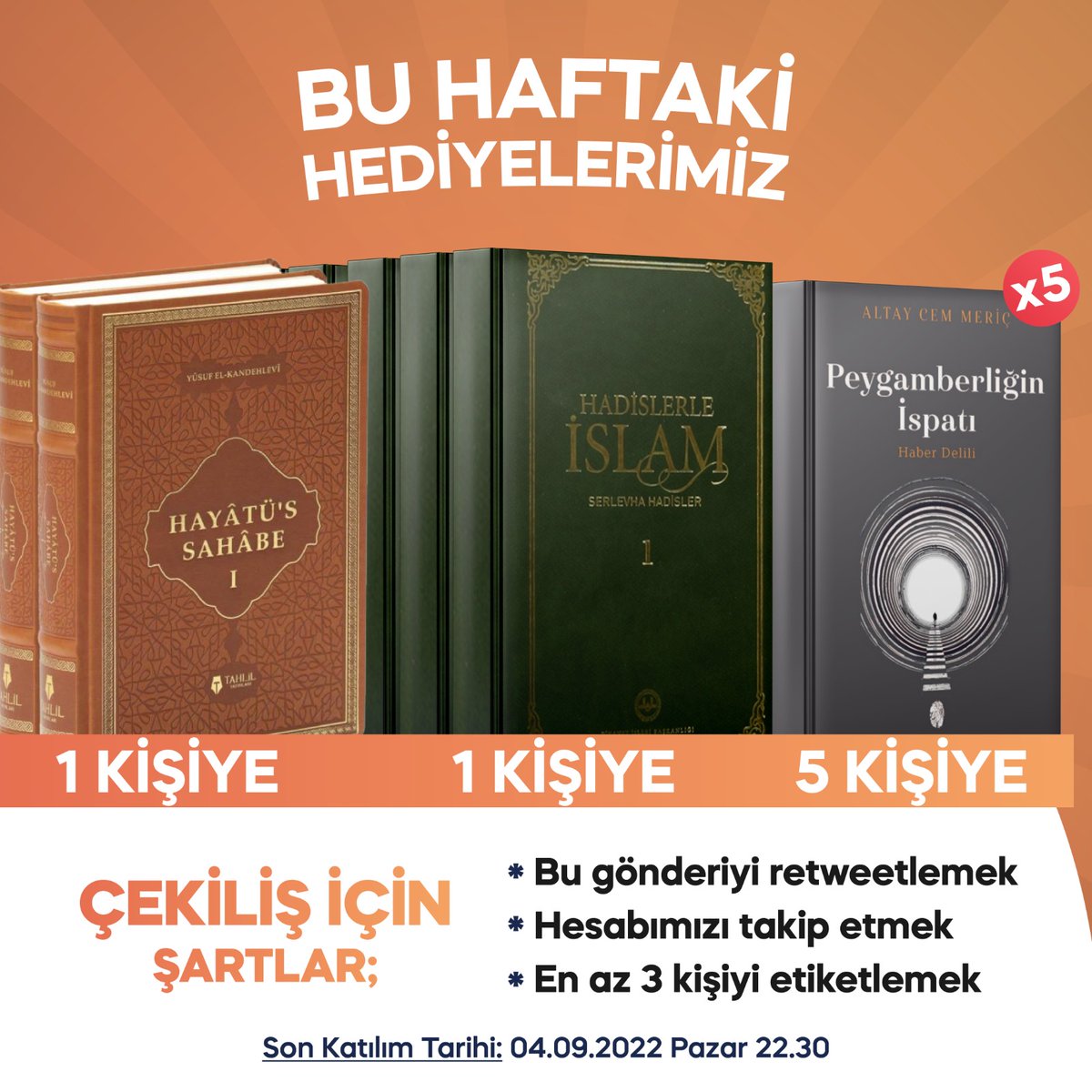 Bir kardeşimize 7 ciltlik Hadislerle İslam adlı eseri, bir kardeşimize 2 ciltlik Hayâtu's-Sahâbe adlı eseri, beş kardeşimize ise Altay Cem Meriç'in Peygamberliğin İspatı adlı eserini hediye ediyor, dualarınızı bekliyoruz.