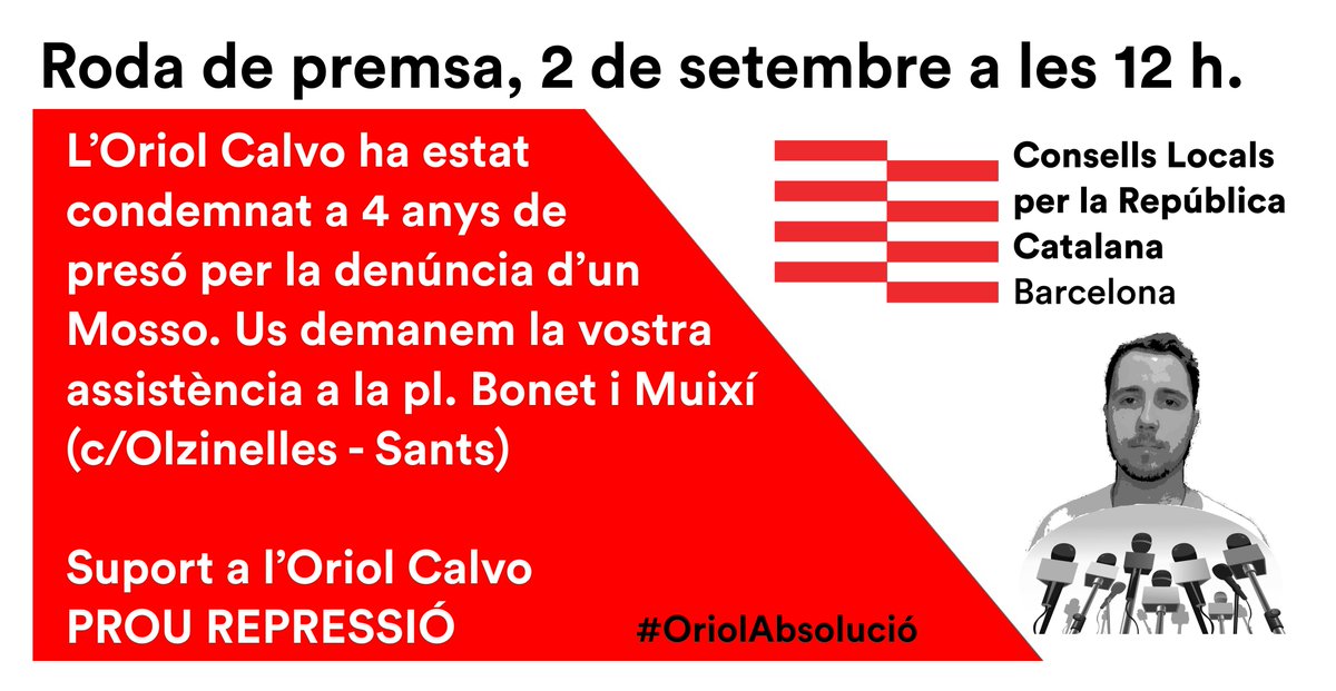 CLxREixampleBCN's tweet photo. 📢 Roda de premsa per denunciar la condemna a l'Oriol Calvo a + de 4 anys de presó per la denúncia d'un Mosso durant les protestes post-sentències

El govern del Consell fa costat als represaliats i  convoca a donar suport a l'Oriol

📅 2/9 a les 12h
📍 Pl Bonet i Muixi (Sants) https://t.co/i2lDJuVR8W